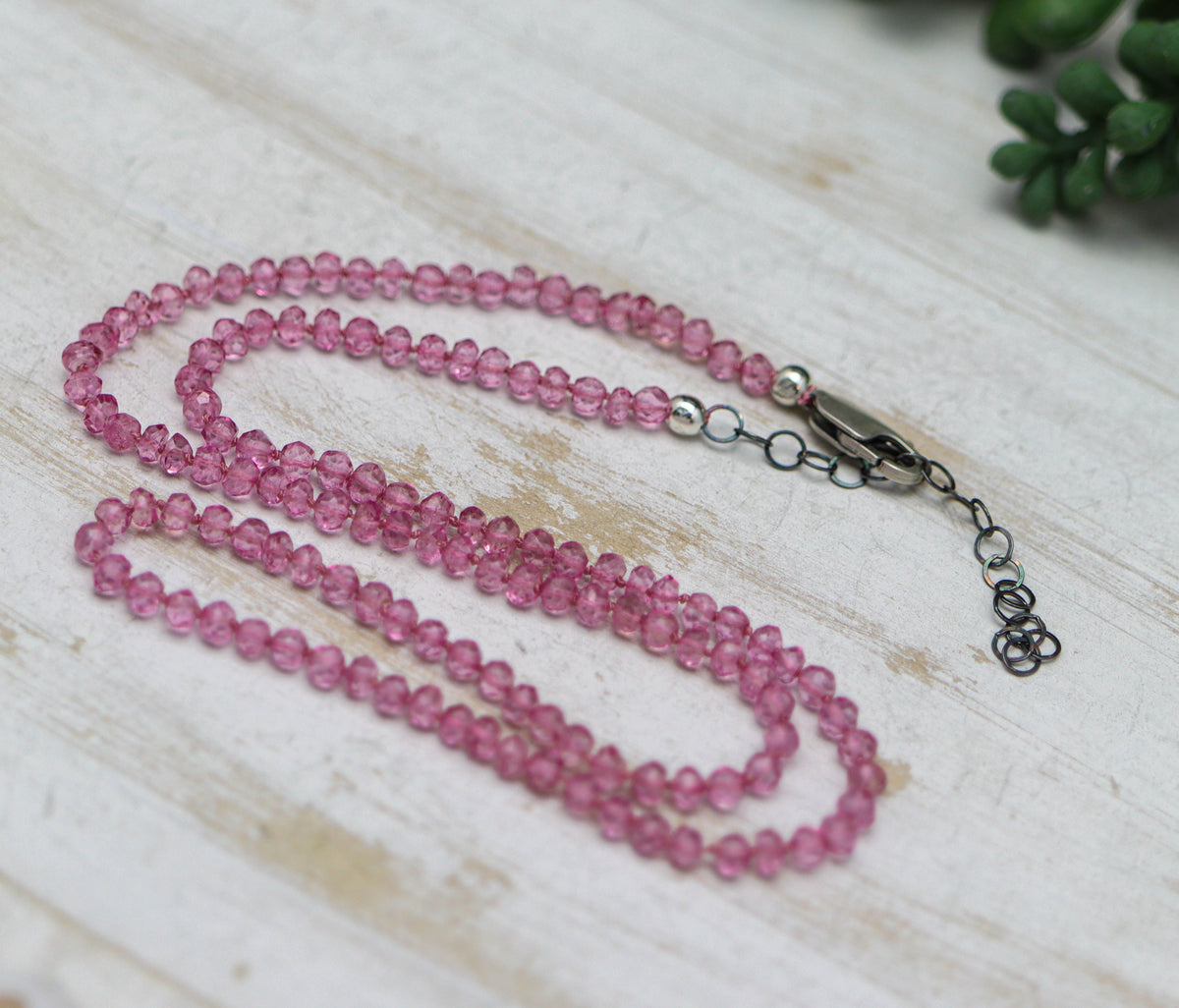Pink Quartz Hand Knotted Bead Necklace Sterling Silver