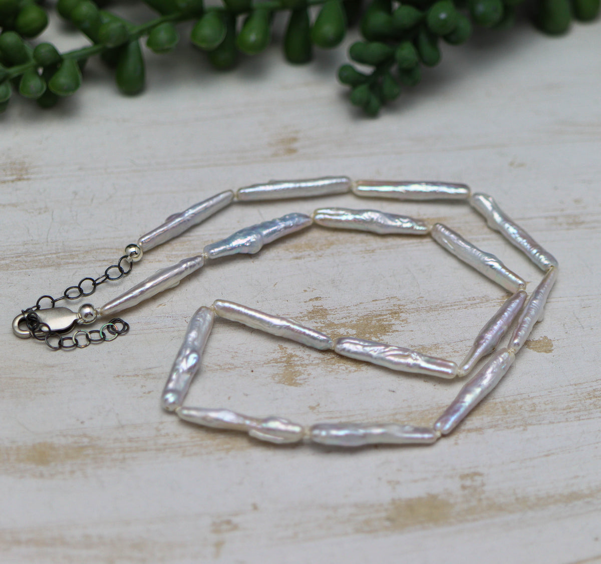 White Biwa Stick Pearl Hand Knotted Bead Necklace Sterling Silver 18 inch