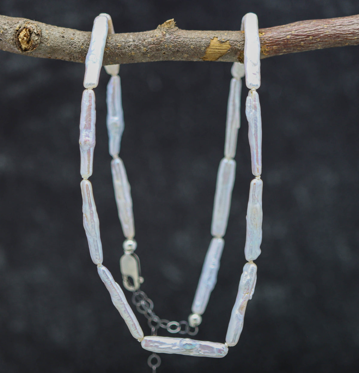 White Biwa Stick Pearl Hand Knotted Bead Necklace Sterling Silver 18 inch