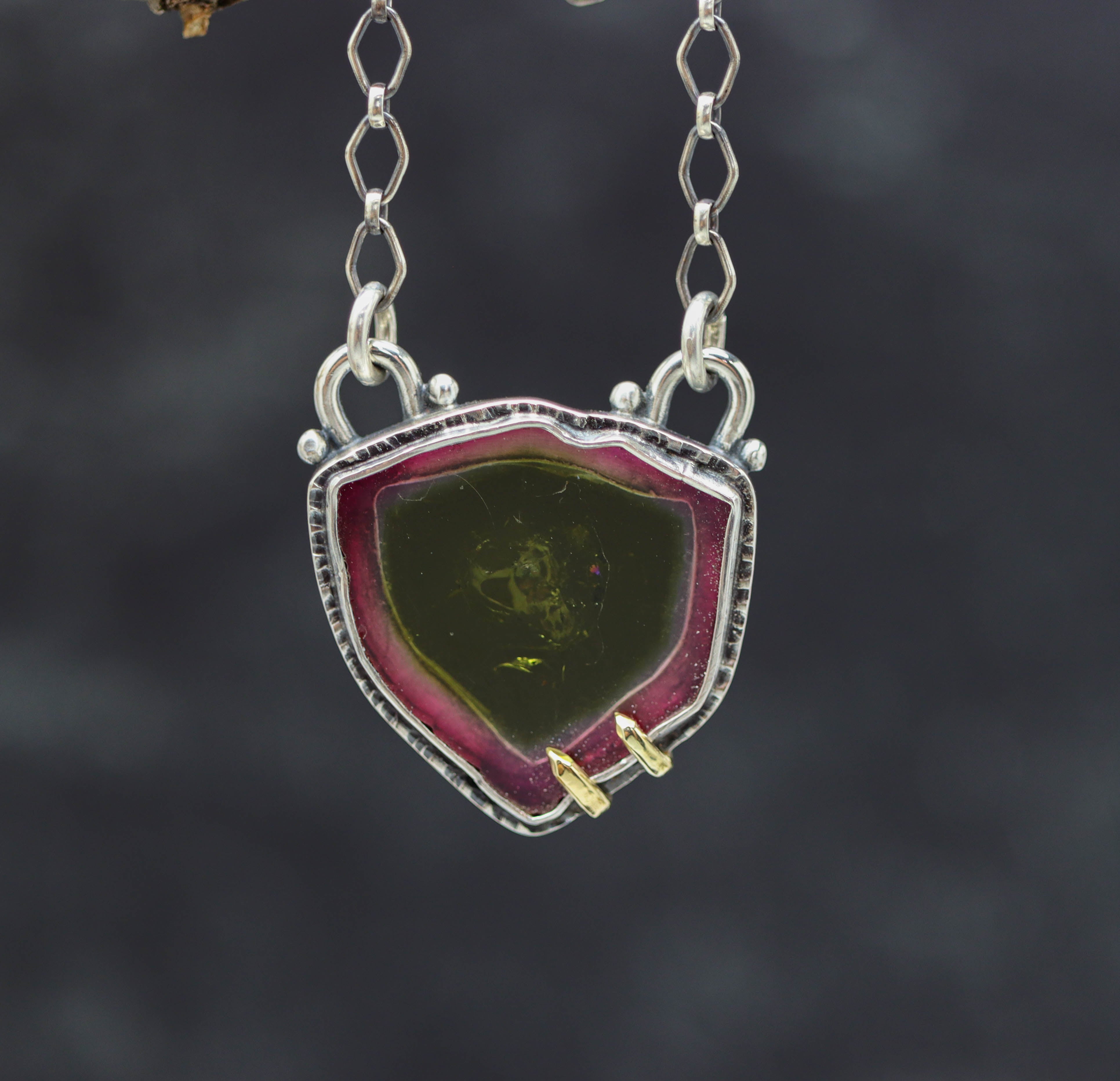 Stunning Raw Watermelon Tourmaline Slice Pendant Necklace Sterling Silver and 18k Gold