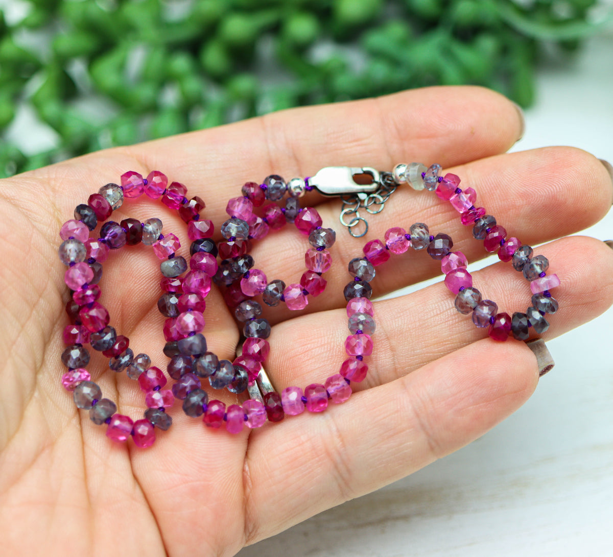 Multi Colored Pink and Purple Sapphire Hand Knotted Bead Necklace Sterling Silver