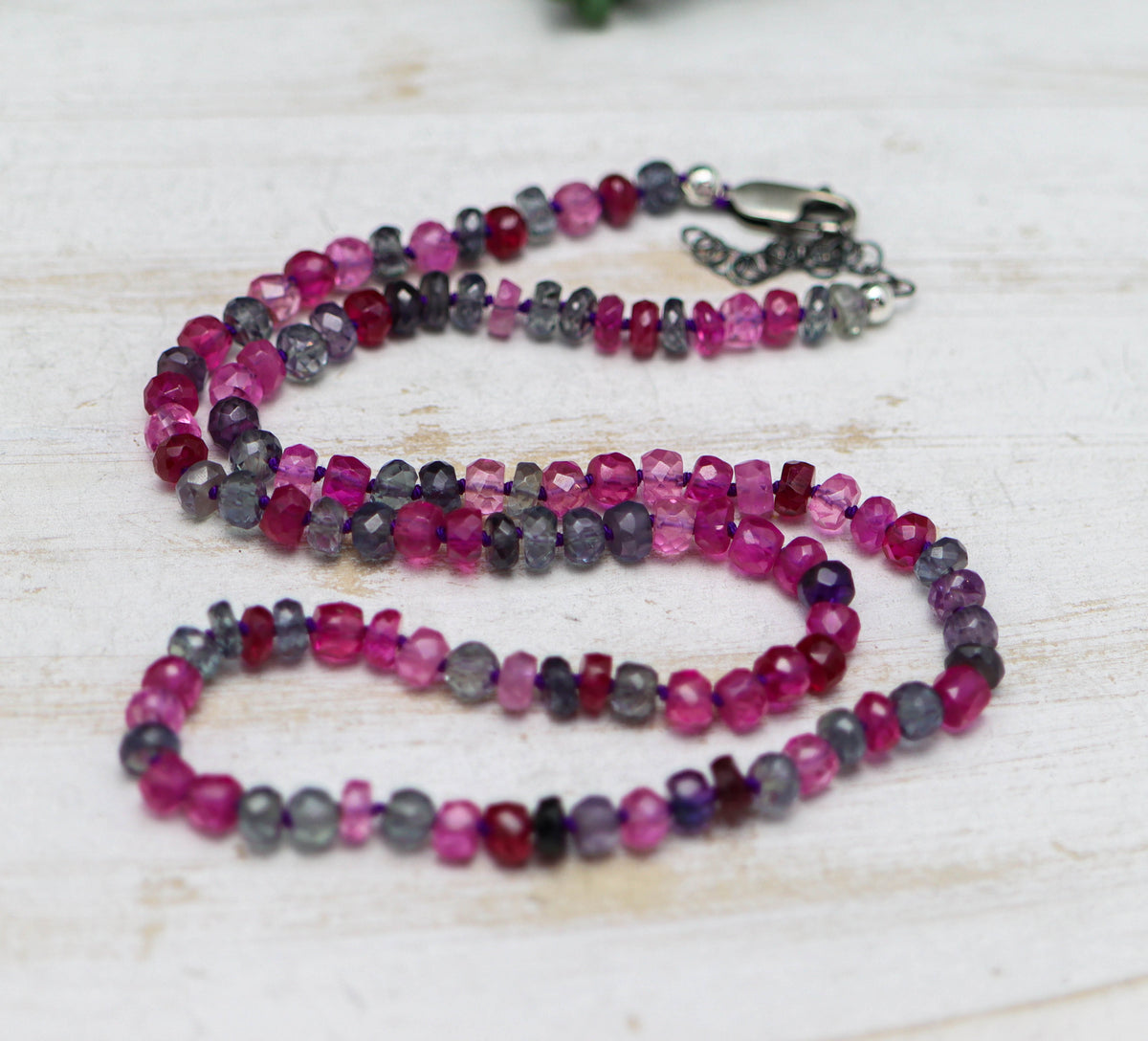 Multi Colored Pink and Purple Sapphire Hand Knotted Bead Necklace Sterling Silver