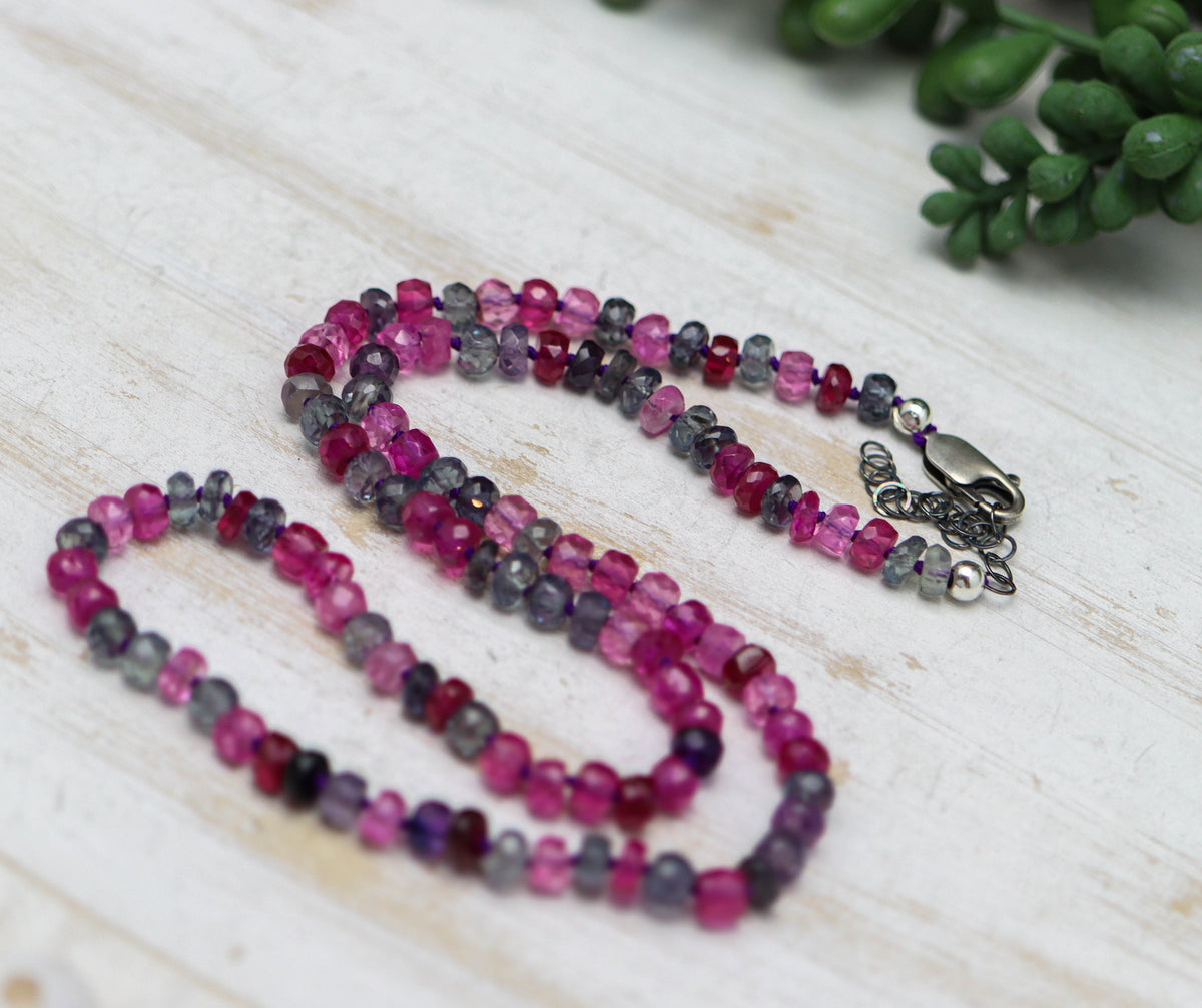 Multi Colored Pink and Purple Sapphire Hand Knotted Bead Necklace Sterling Silver