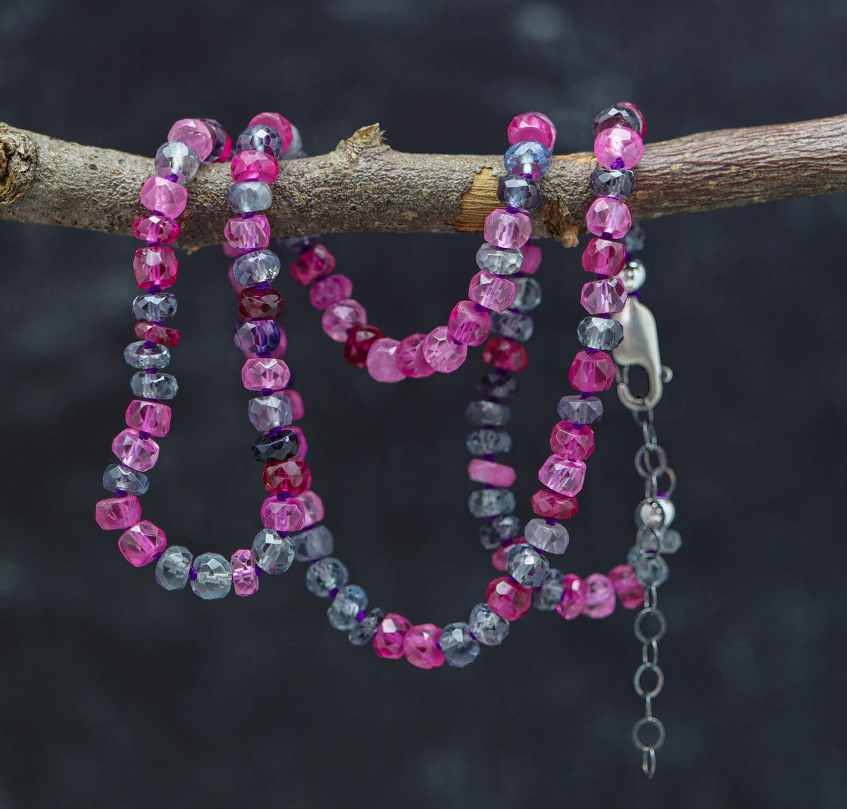 Multi Colored Pink and Purple Sapphire Hand Knotted Bead Necklace Sterling Silver