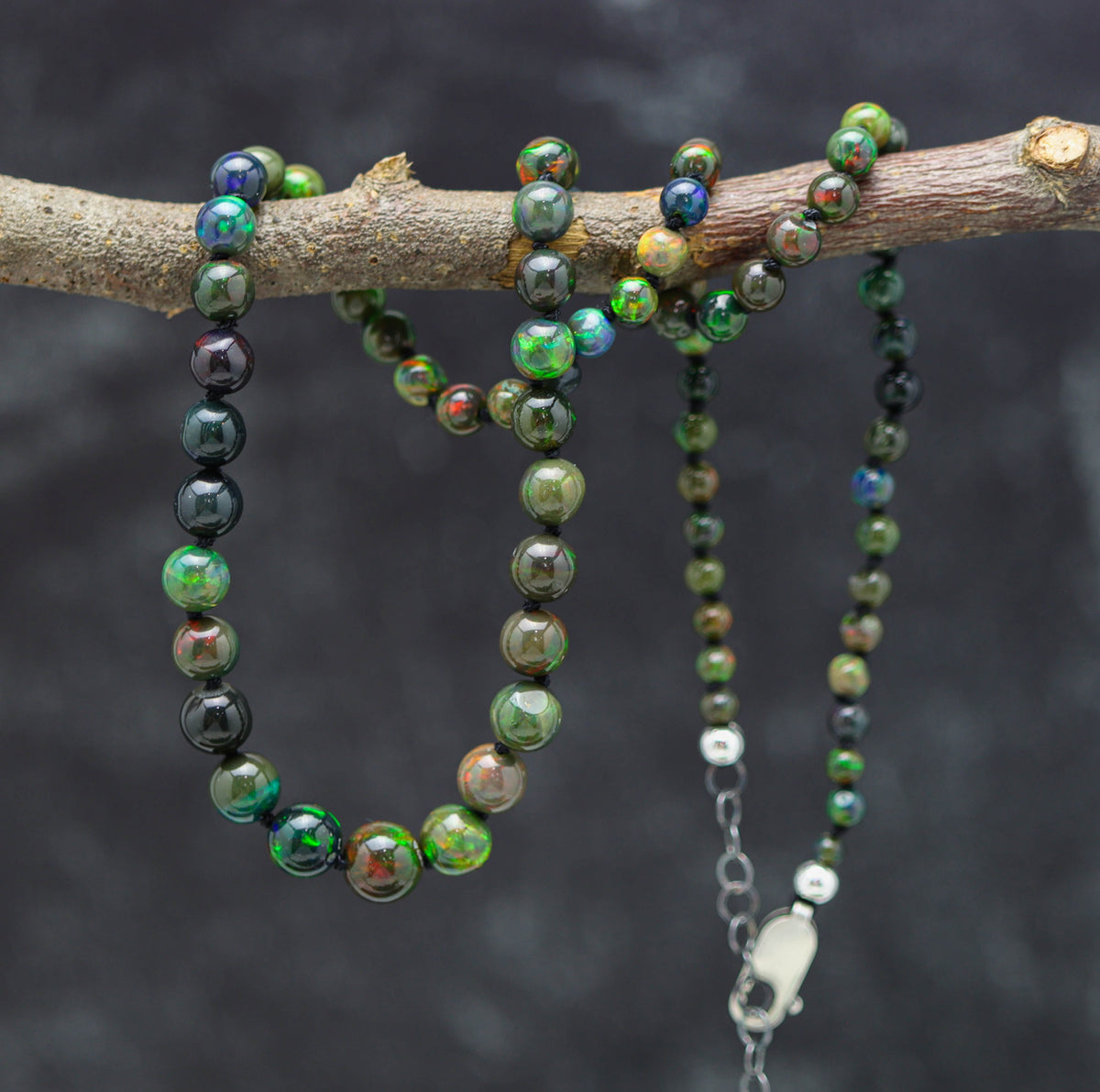 Black Opal Hand Knotted Bead Necklace Sterling Silver