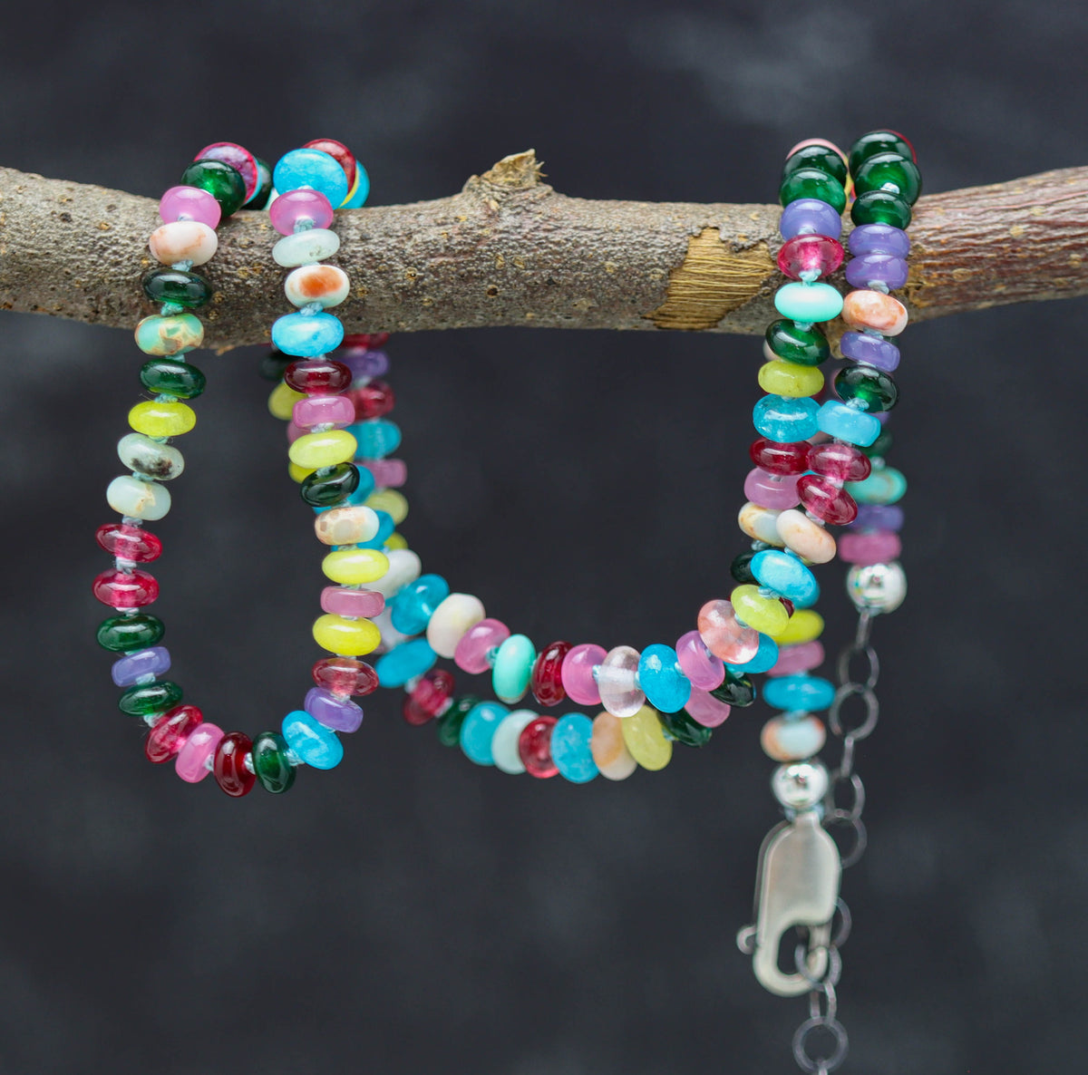 Multicolor Opal Hand-Knotted Strand Necklace in Sterling Silver