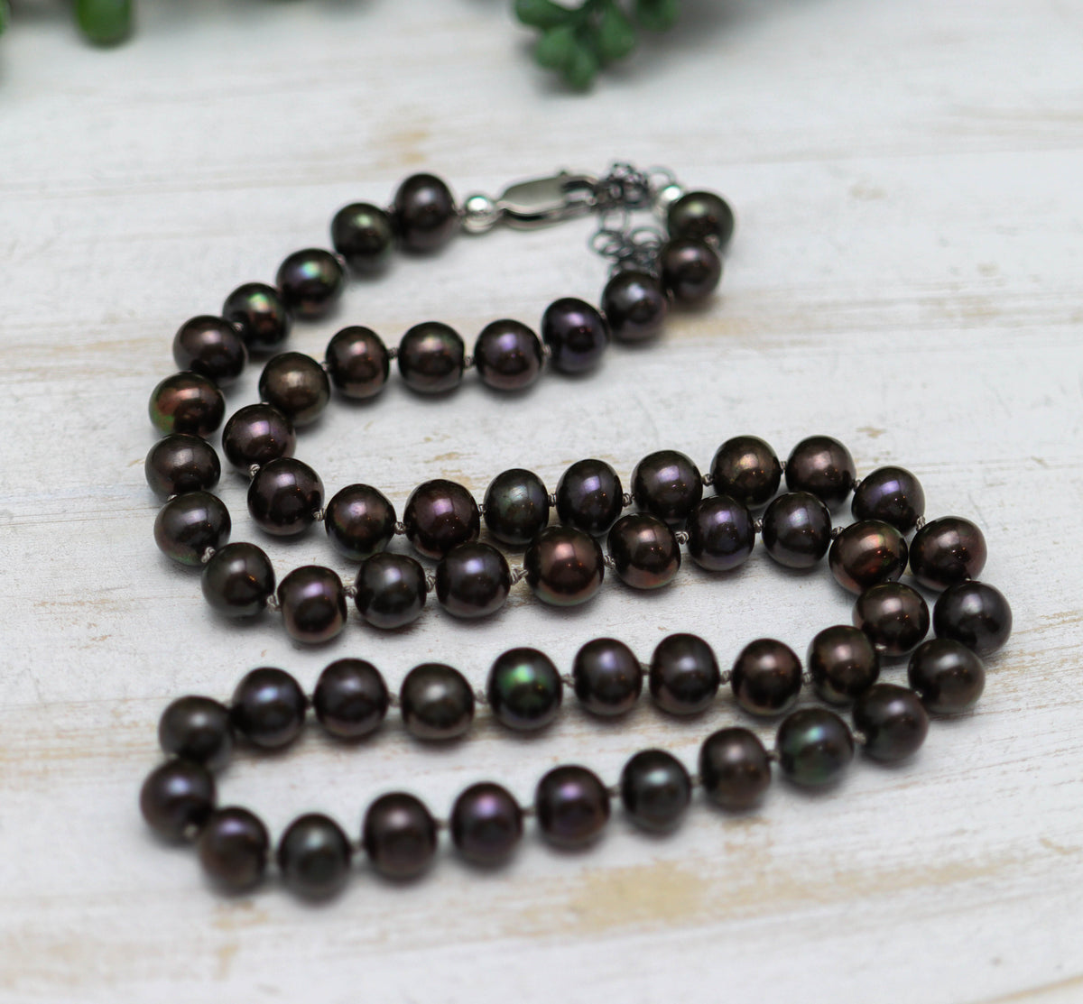 Brown Peacock Pearl Hand Knotted Bead Necklace Sterling Silver
