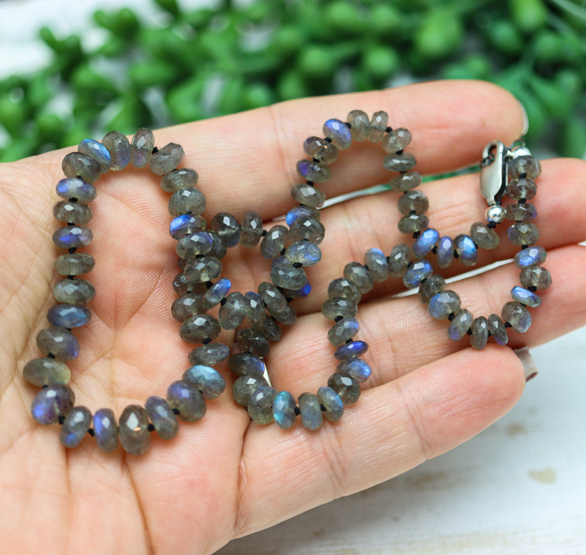Labradorite Graduated Faceted Rondelle Hand-Knotted Strand Necklace in Sterling Silver
