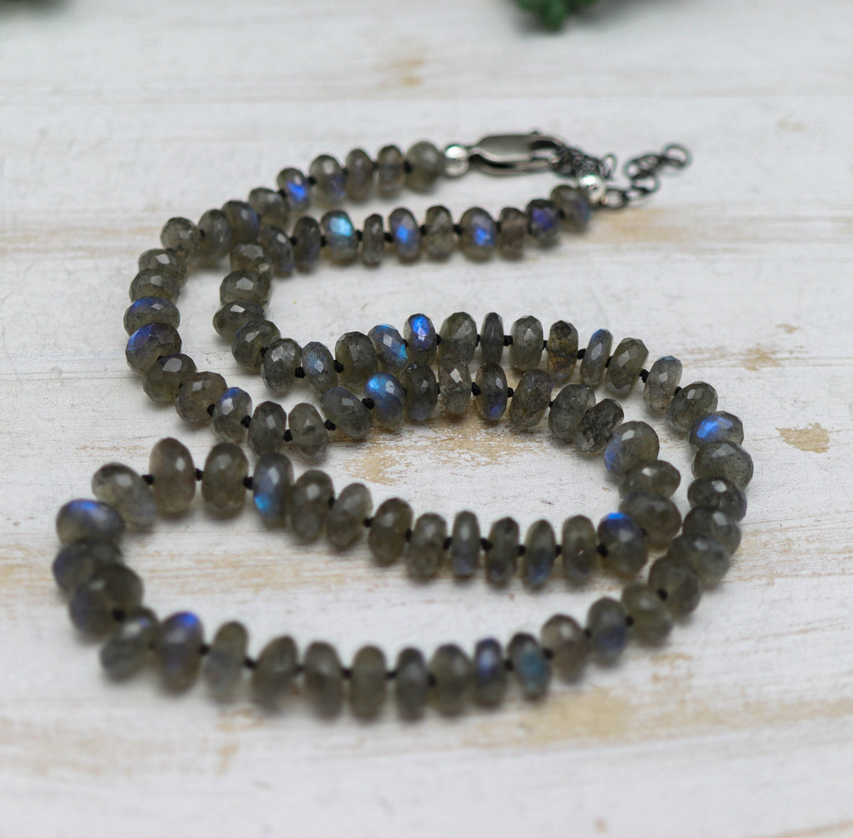 Labradorite Graduated Faceted Rondelle Hand-Knotted Strand Necklace in Sterling Silver