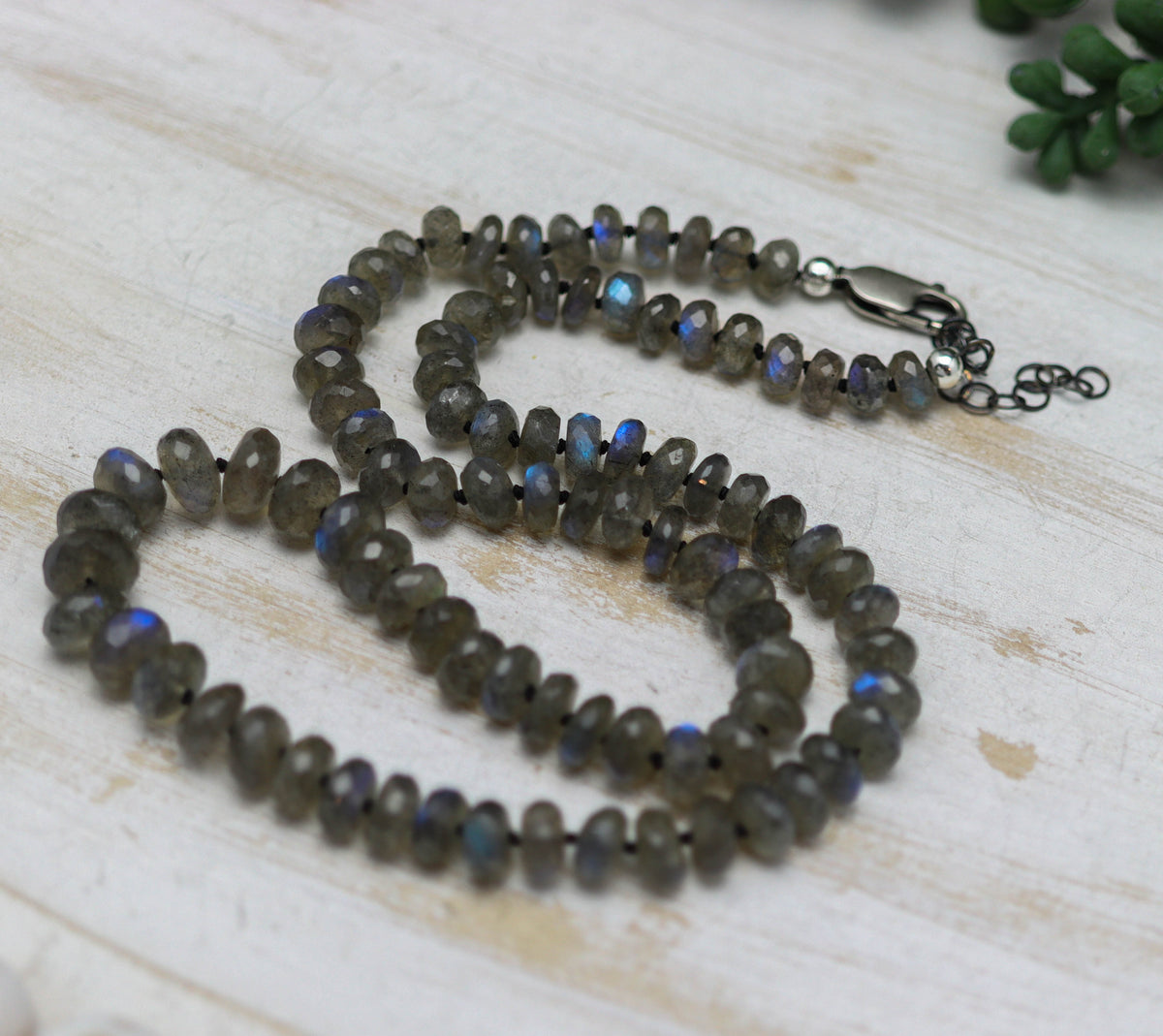 Labradorite Graduated Faceted Rondelle Hand-Knotted Strand Necklace in Sterling Silver