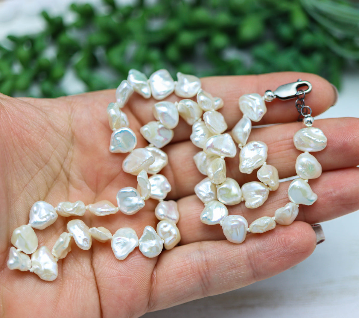 White Keshi Pearl Hand Knotted Bead Necklace Sterling Silver 18 inch