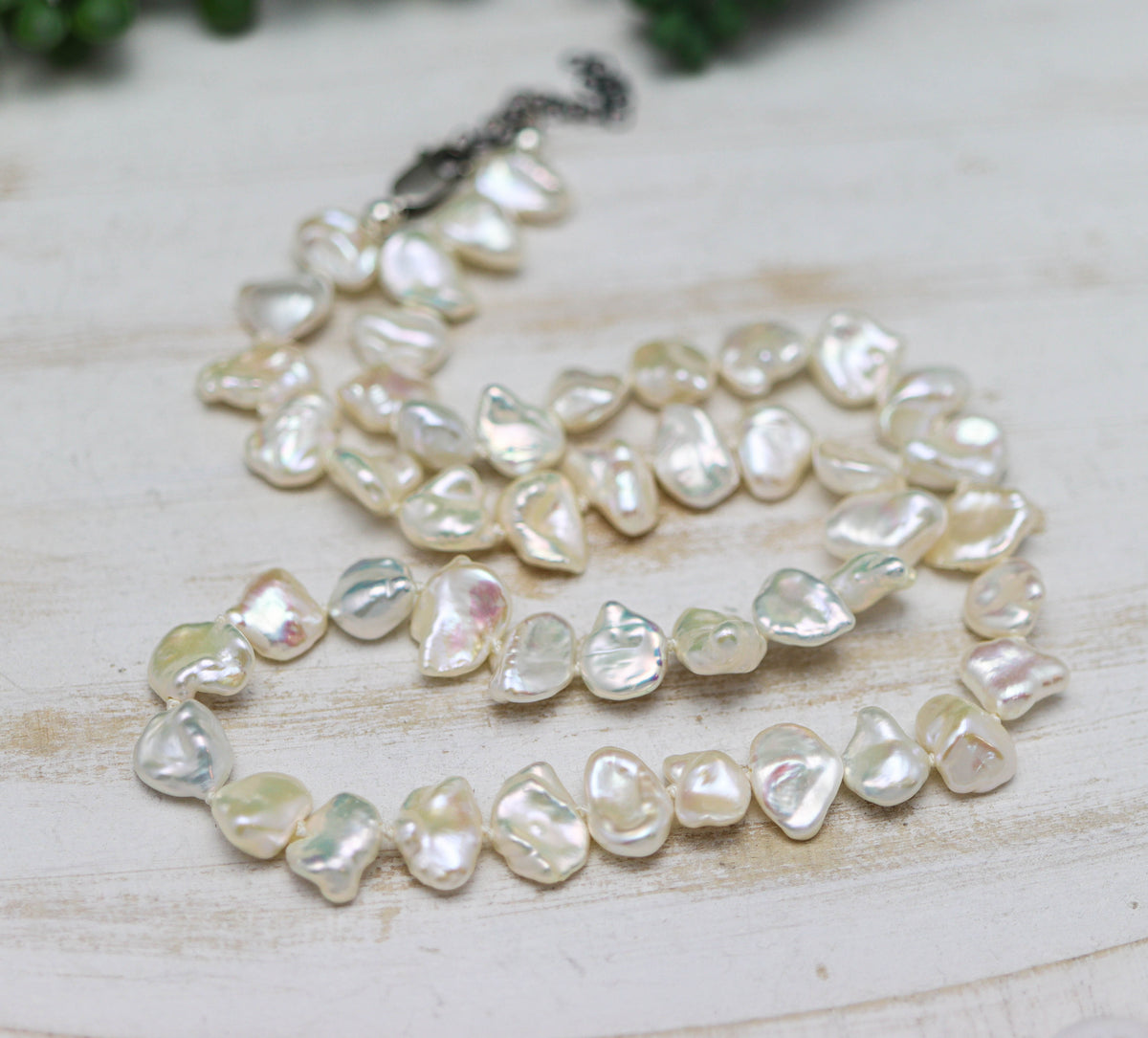 White Keshi Pearl Hand Knotted Bead Necklace Sterling Silver 18 inch