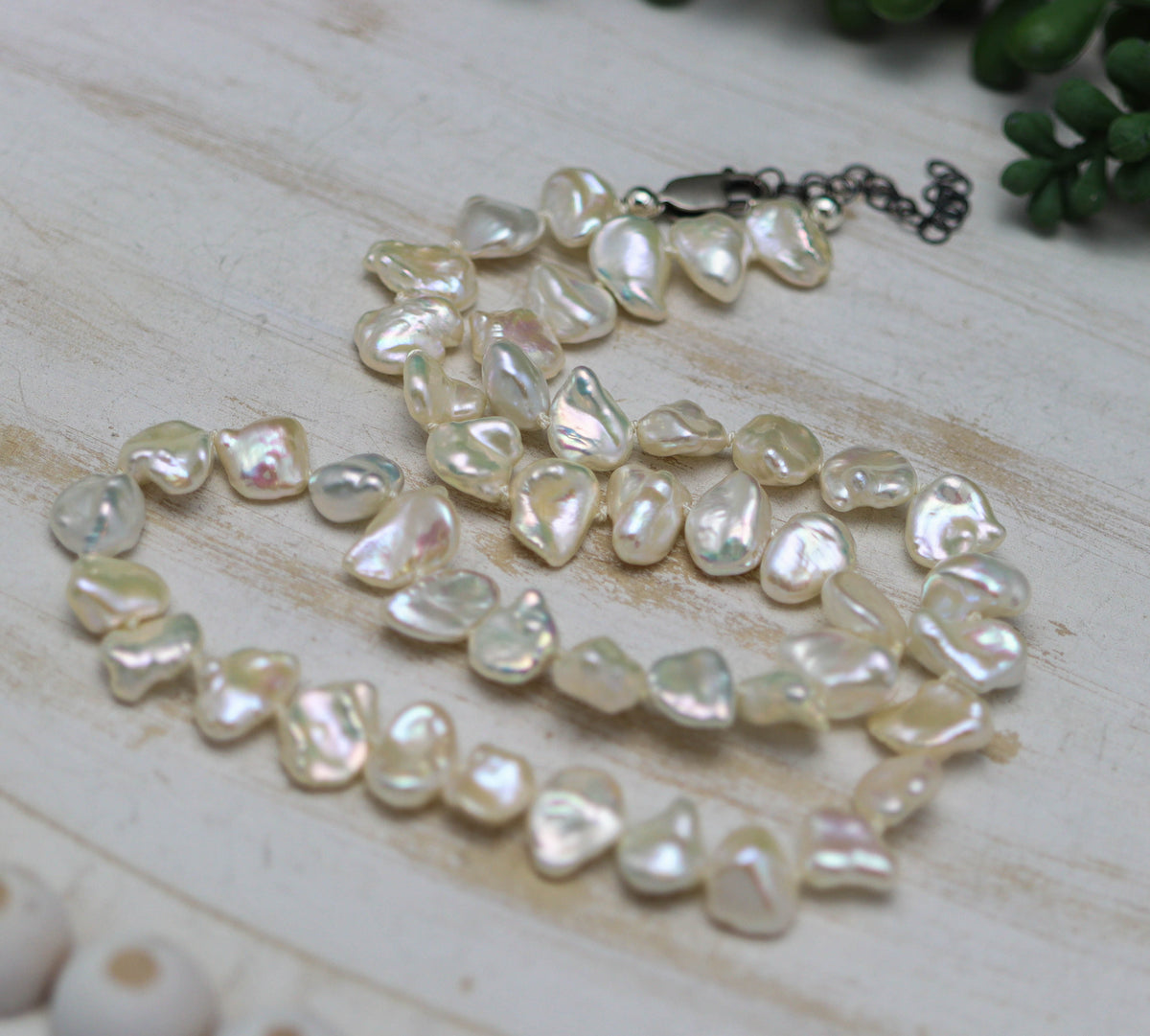 White Keshi Pearl Hand Knotted Bead Necklace Sterling Silver 18 inch