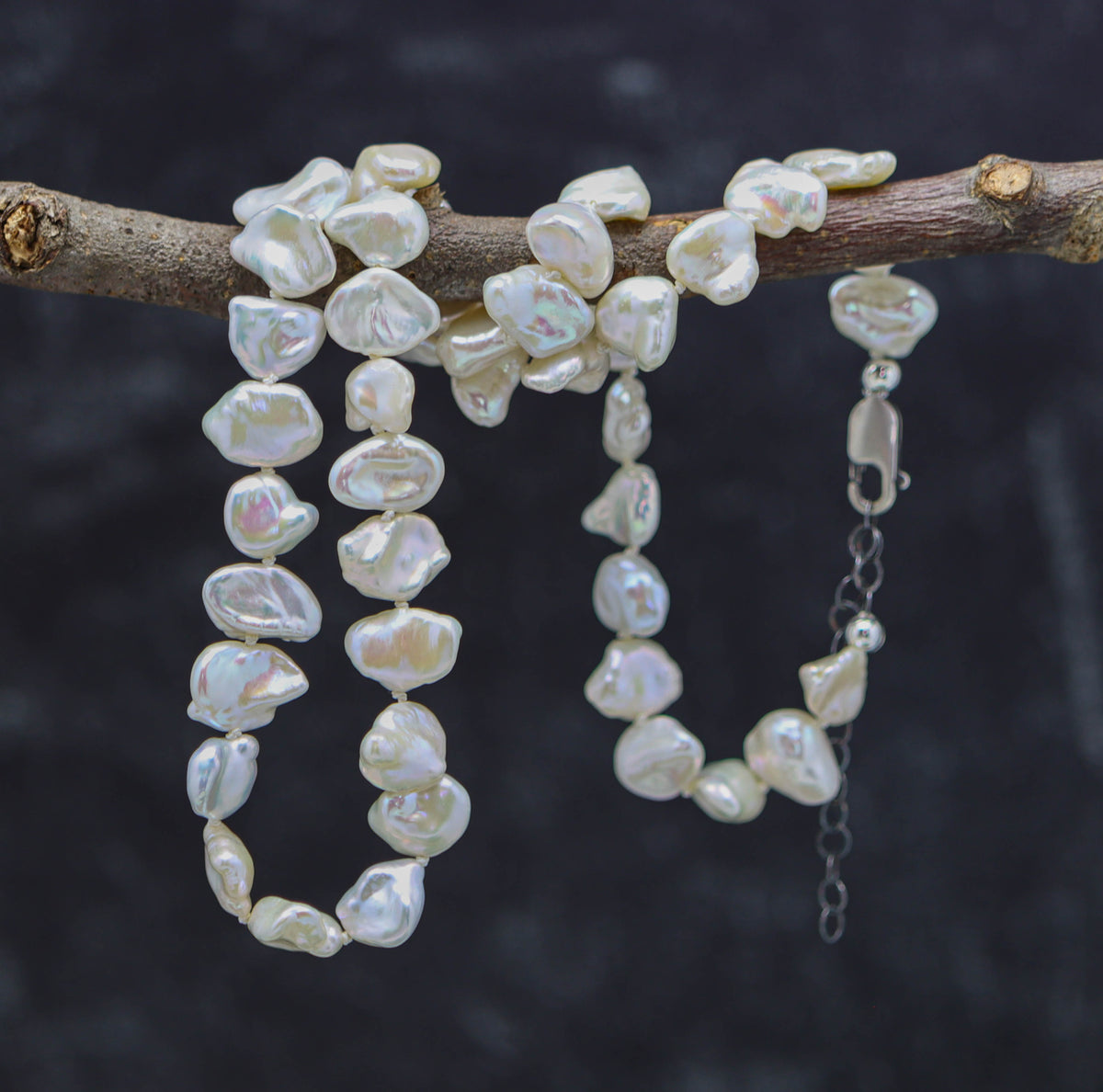 White Keshi Pearl Hand Knotted Bead Necklace Sterling Silver 18 inch