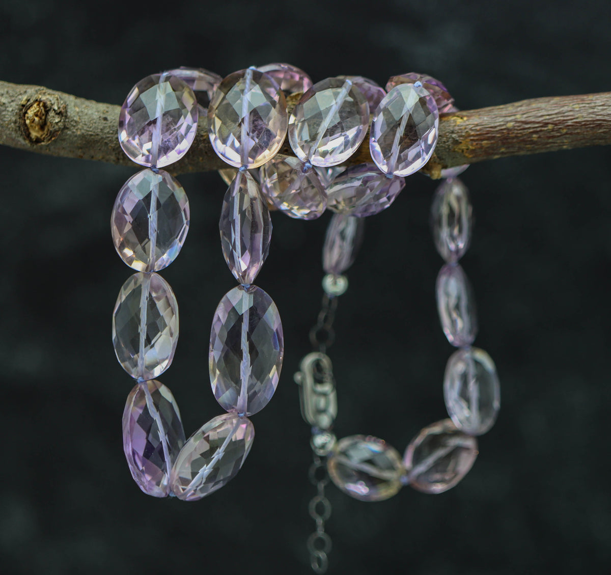 Ametrine Faceted Oval Hand Knotted Bead Necklace Sterling Silver 18 inch