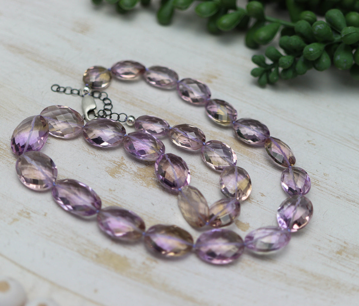 Ametrine Faceted Oval Hand Knotted Bead Necklace Sterling Silver 18 inch