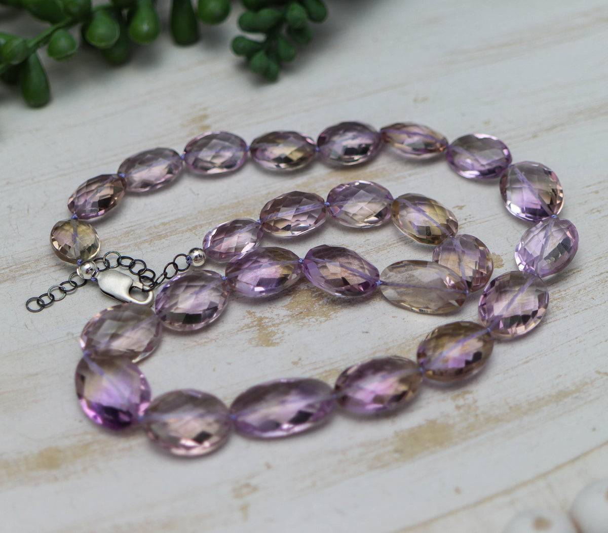 Ametrine Faceted Oval Hand Knotted Bead Necklace Sterling Silver 18 inch