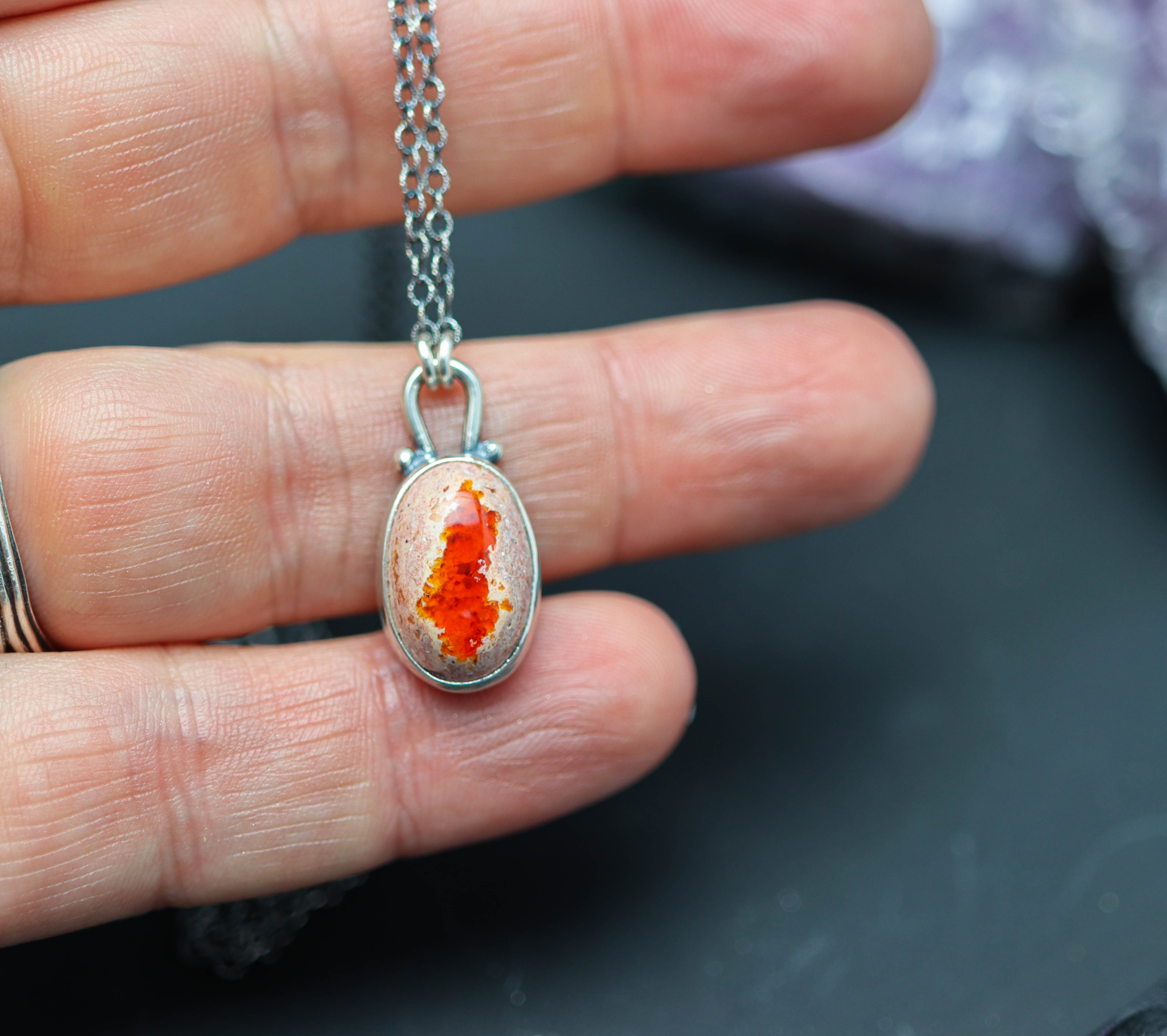 Mexican Fire Opal Pendant Necklace Sterling Silver