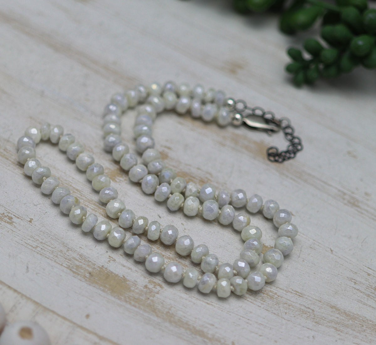 White Sapphire Silverite Hand Knotted Bead Necklace Sterling Silver 18 inch