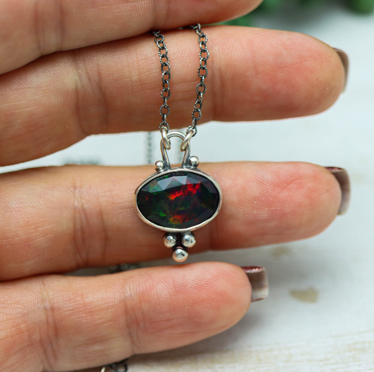 Ethiopian Black Opal Pendant Necklace in Sterling Silver