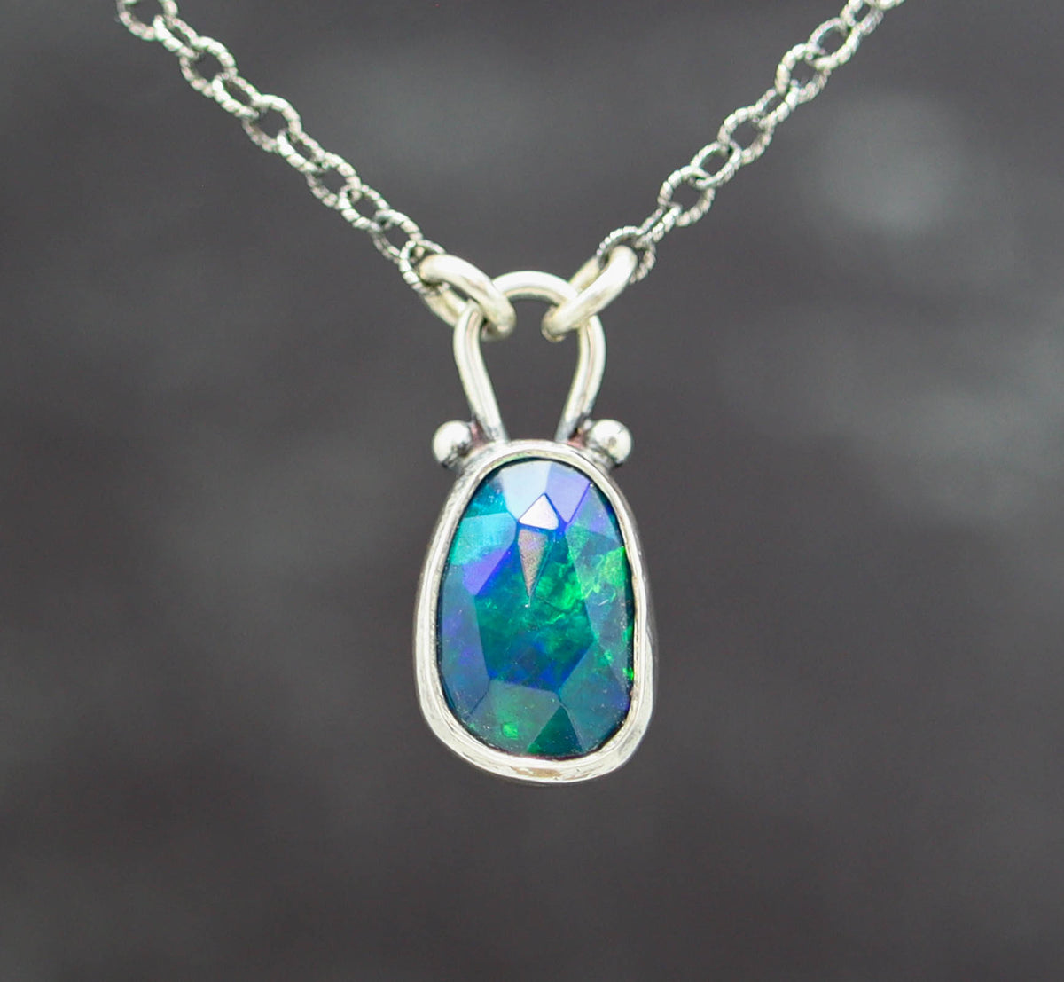 Blue Flash Ethiopian Black Opal Pendant Necklace in Sterling Silver
