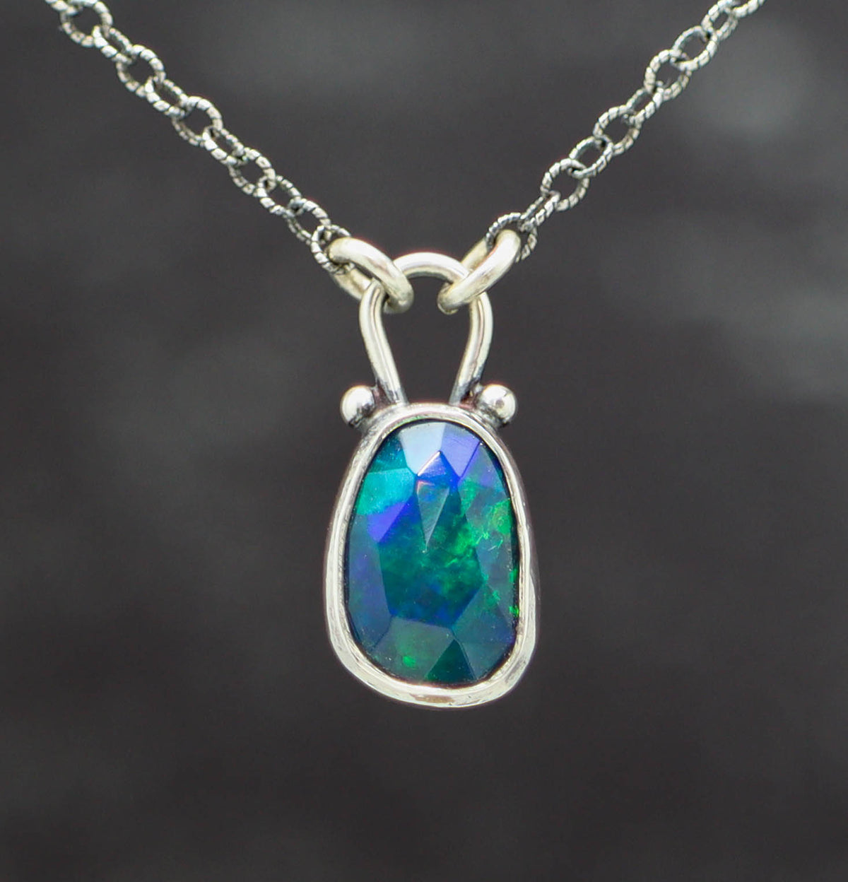 Blue Flash Ethiopian Black Opal Pendant Necklace in Sterling Silver