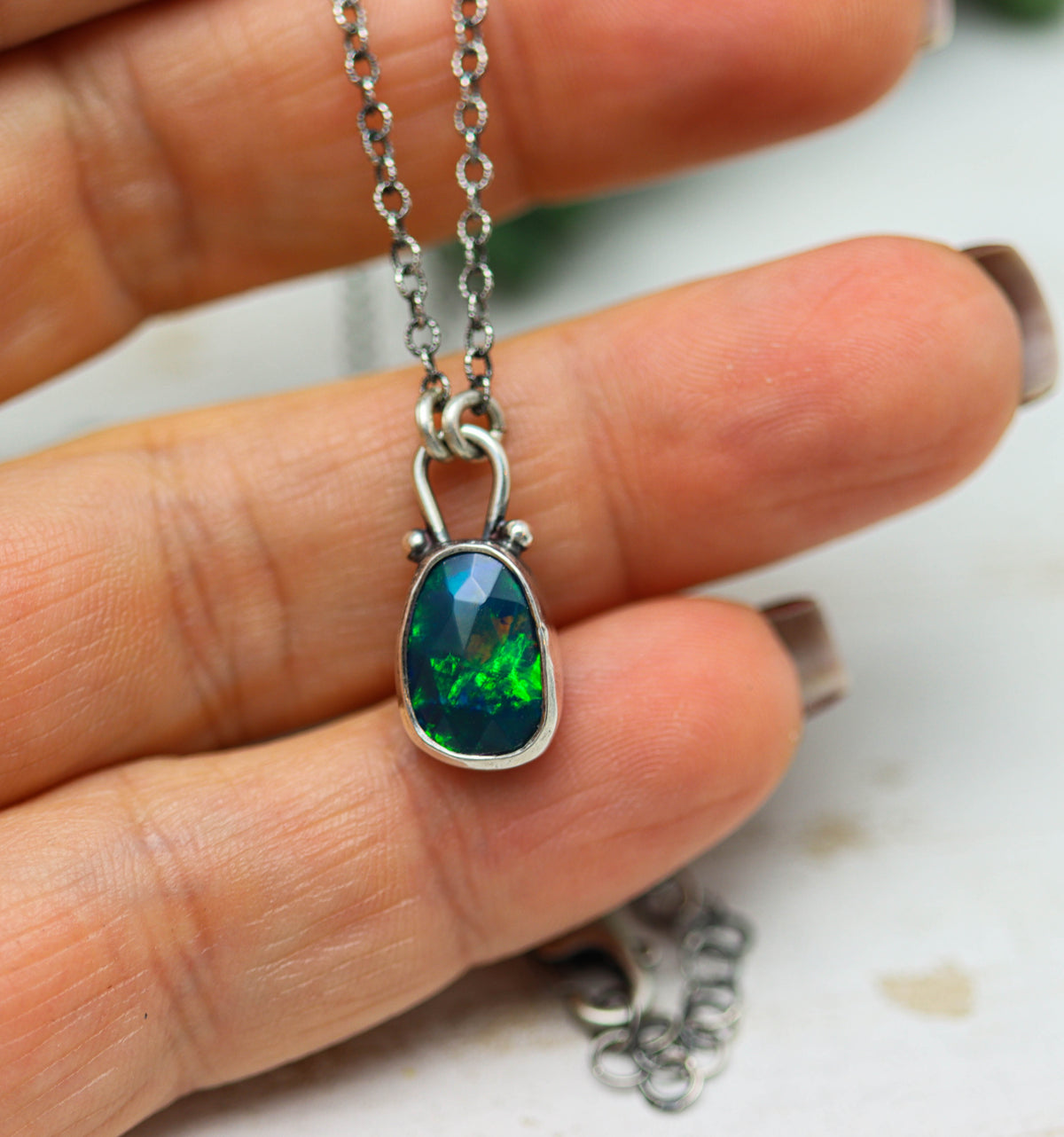 Blue Flash Ethiopian Black Opal Pendant Necklace in Sterling Silver