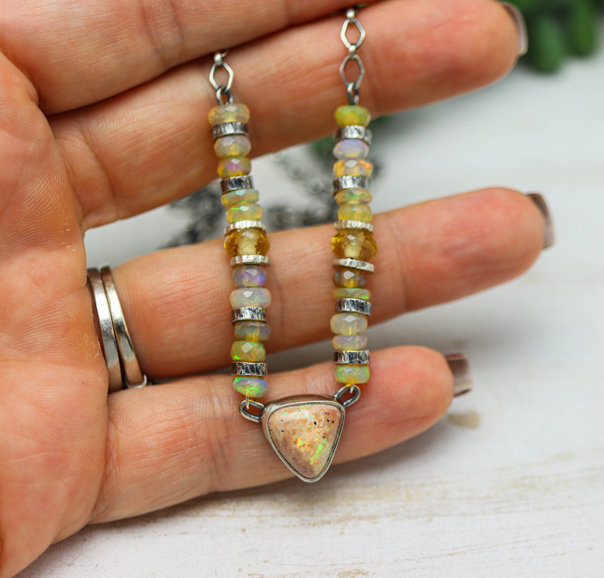 Mexican Fire Opal, Ethiopian Opal & Citrine Necklace in Sterling Silver