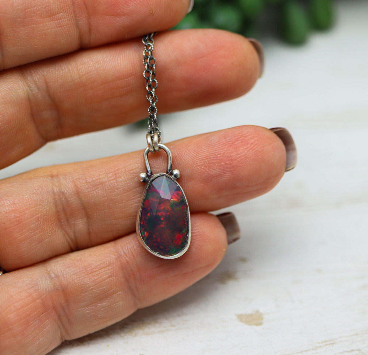 Ethiopian Black Opal Pendant Necklace in Sterling Silver