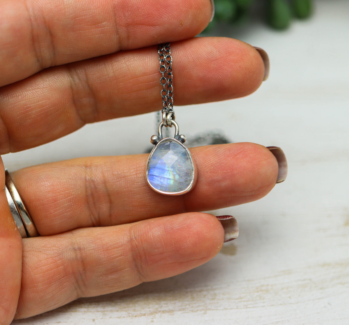 Rainbow Moonstone Petite Pendant Necklace in Sterling Silver