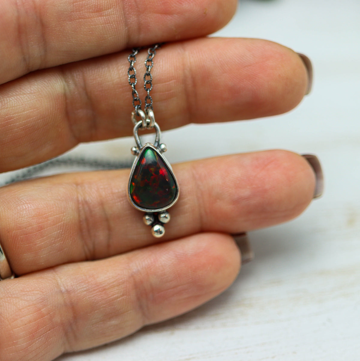 Ethiopian Black Opal Pendant Necklace in Sterling Silver