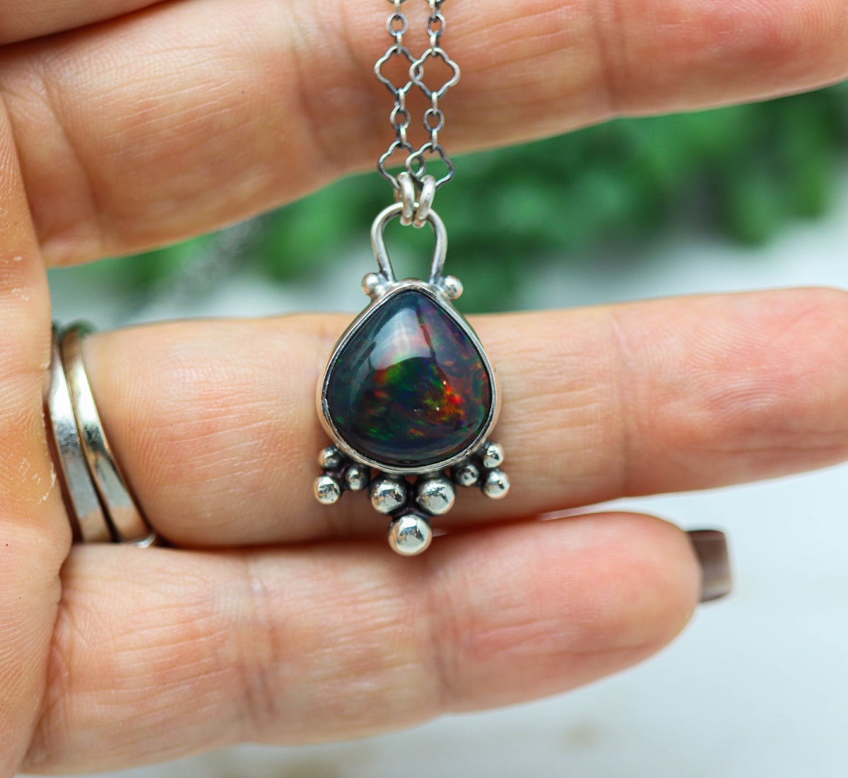 Ethiopian Black Opal Statement Pendant Necklace in Sterling Silver