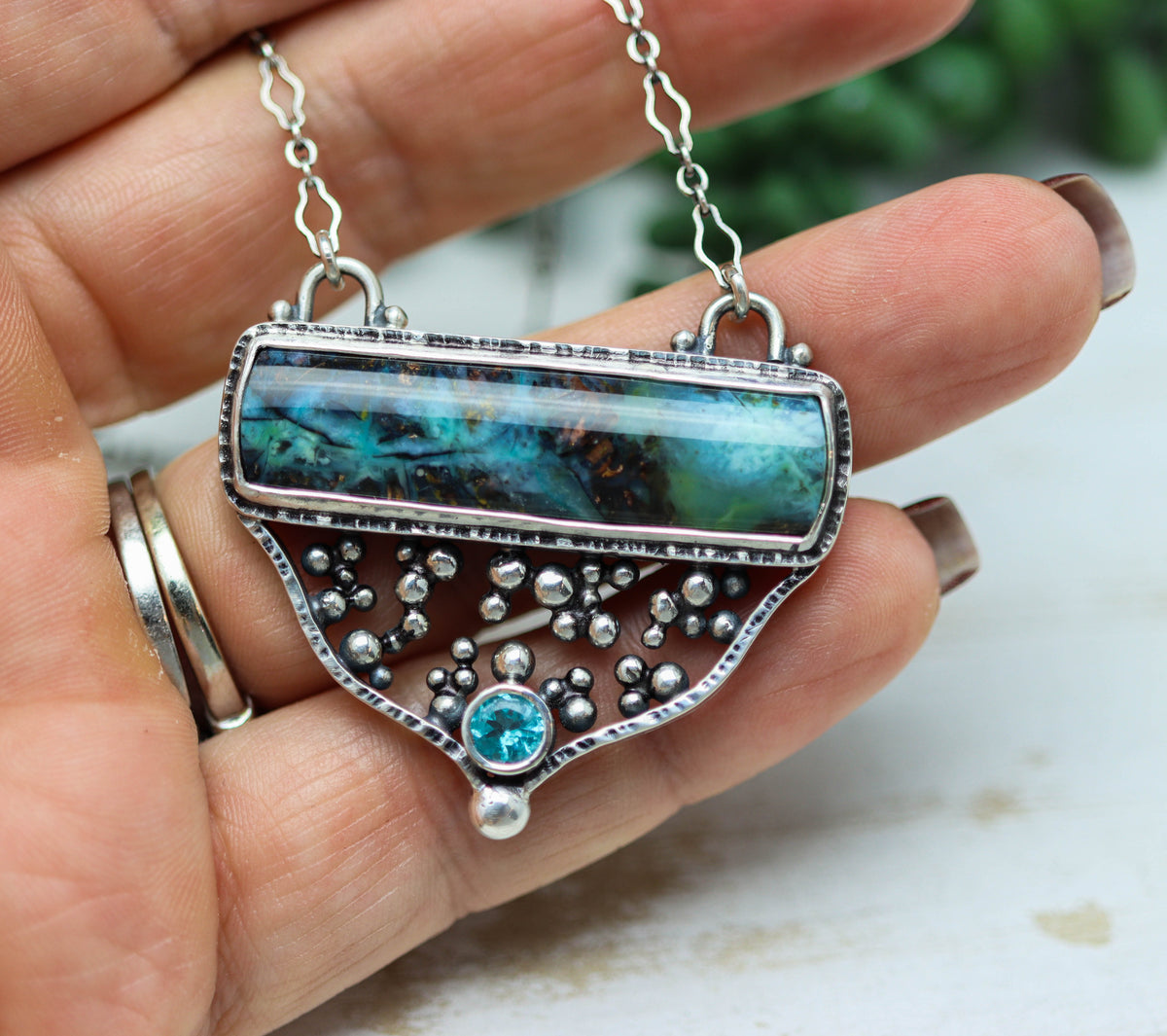 Apatite and Opalized Petrified Wood Statement Pendant Necklace in Sterling Silver