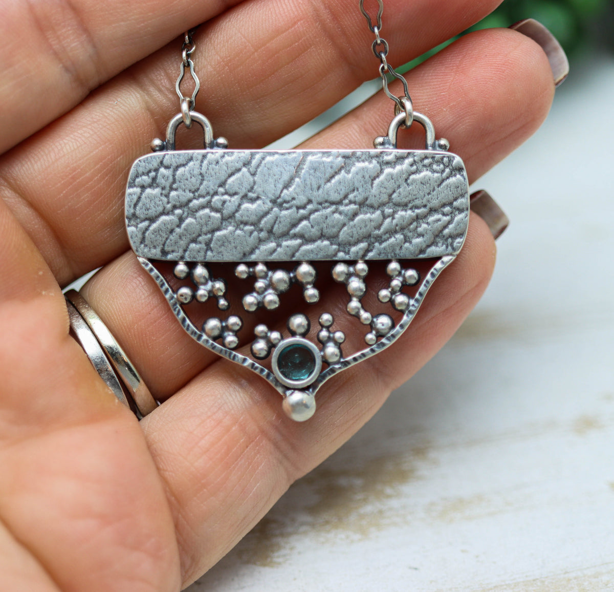 Apatite and Opalized Petrified Wood Statement Pendant Necklace in Sterling Silver