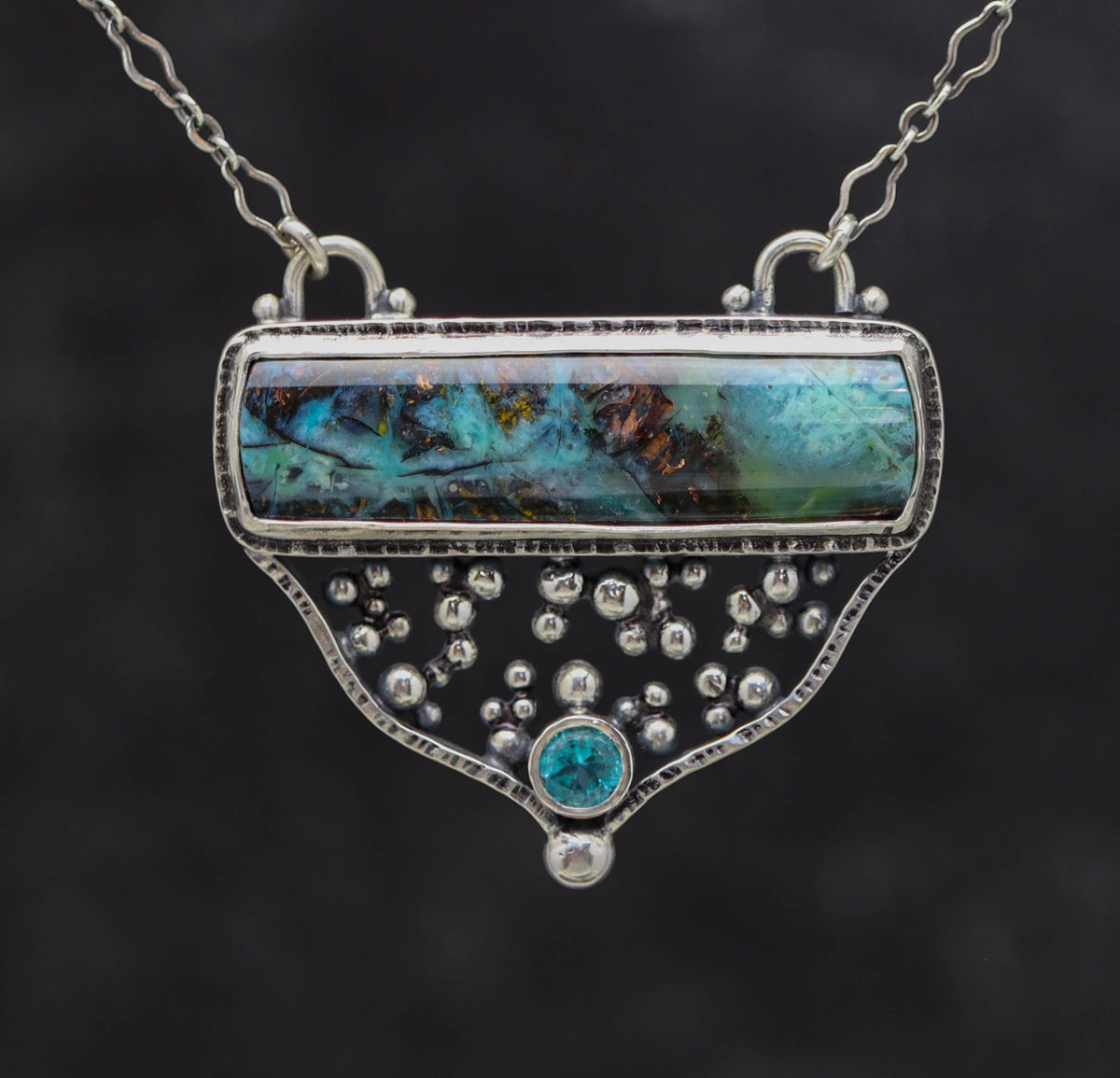 Apatite and Opalized Petrified Wood Statement Pendant Necklace in Sterling Silver