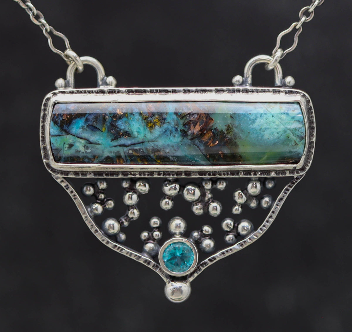 Apatite and Opalized Petrified Wood Statement Pendant Necklace in Sterling Silver