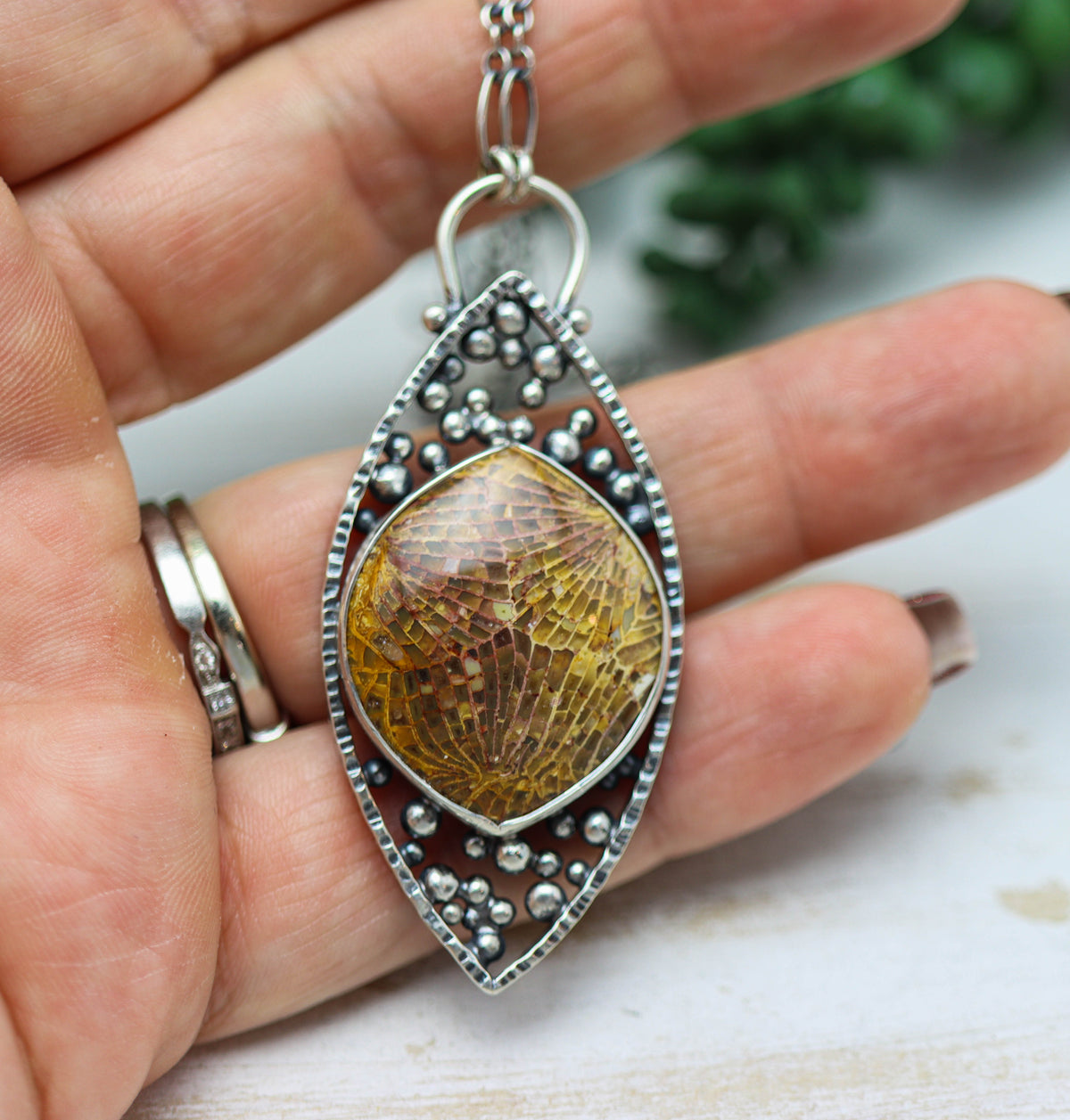 Fossilized Coral Pendant Necklace in Sterling Silver