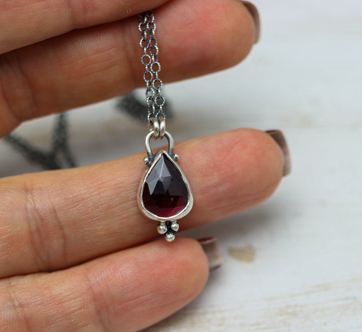 Garnet Petite Pendant Necklace in Sterling Silver
