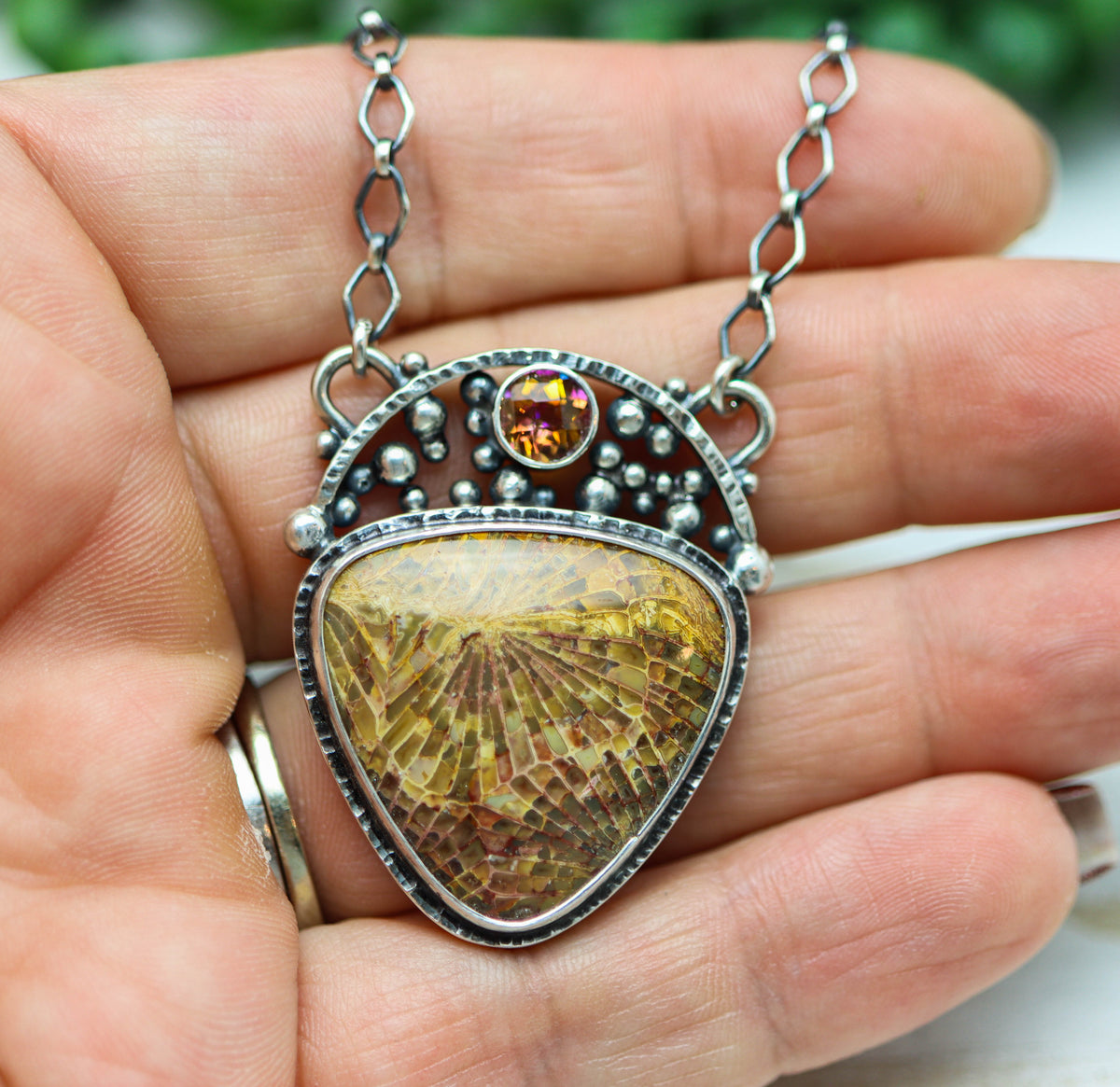 Imperial Topaz and Fossilized Coral Pendant Necklace in Sterling Silver