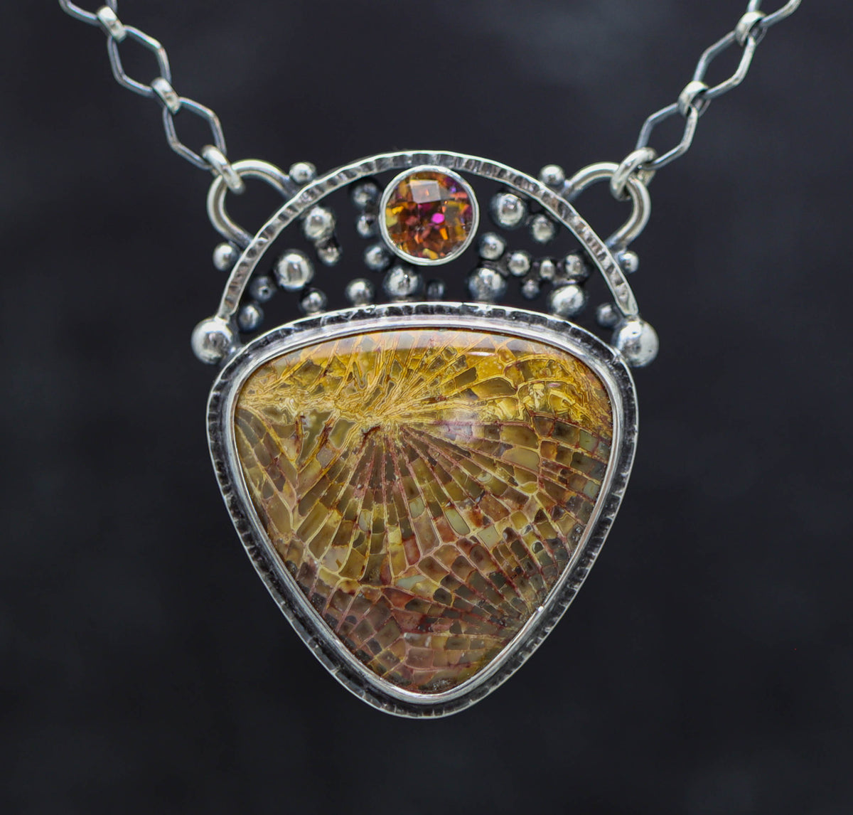 Imperial Topaz and Fossilized Coral Pendant Necklace in Sterling Silver