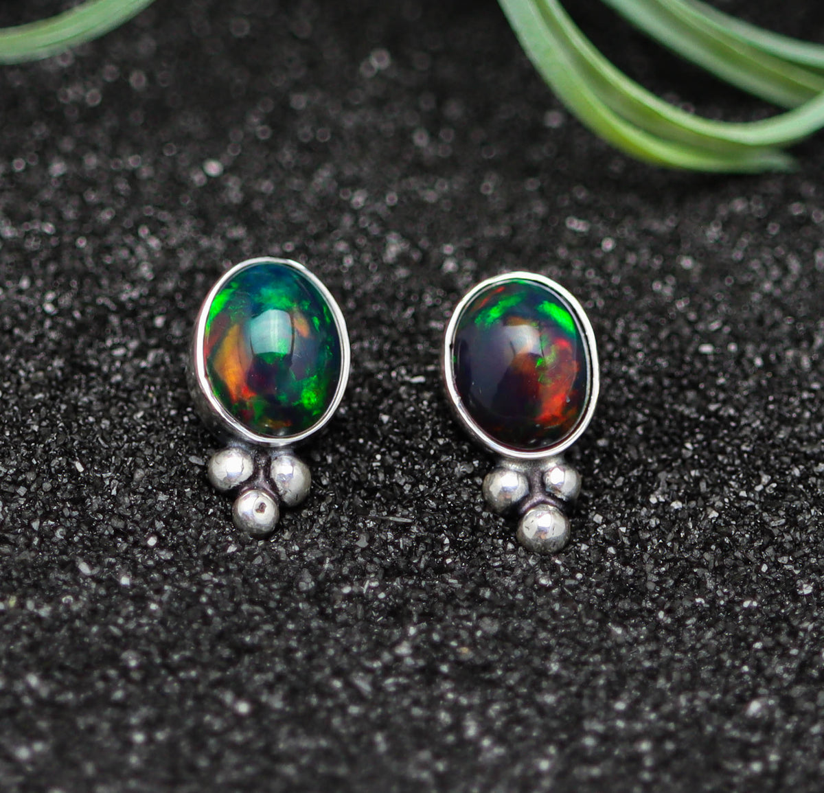 Ethiopian Black Opal Stud Earrings Sterling Silver