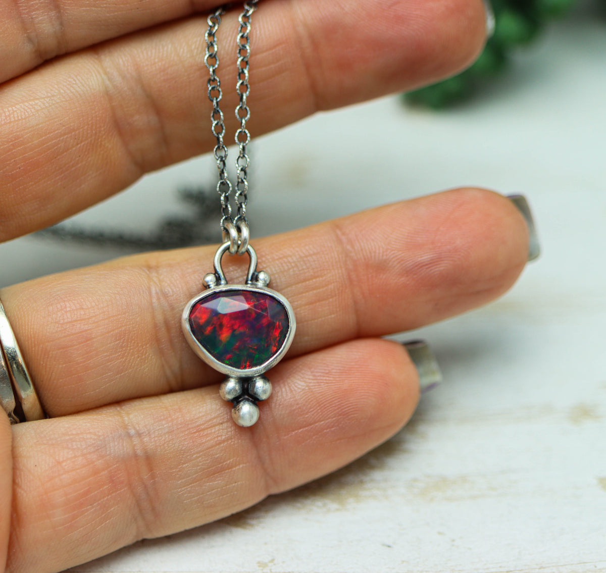 Ethiopian Black Opal Pendant Necklace in Sterling Silver