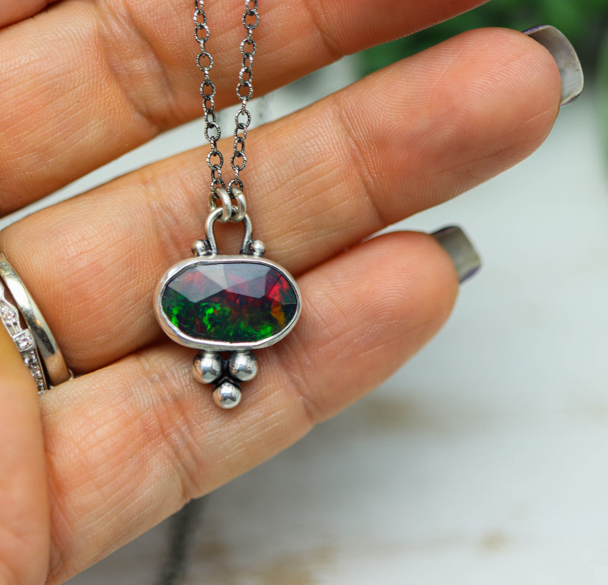 Ethiopian Black Opal Pendant Necklace in Sterling Silver