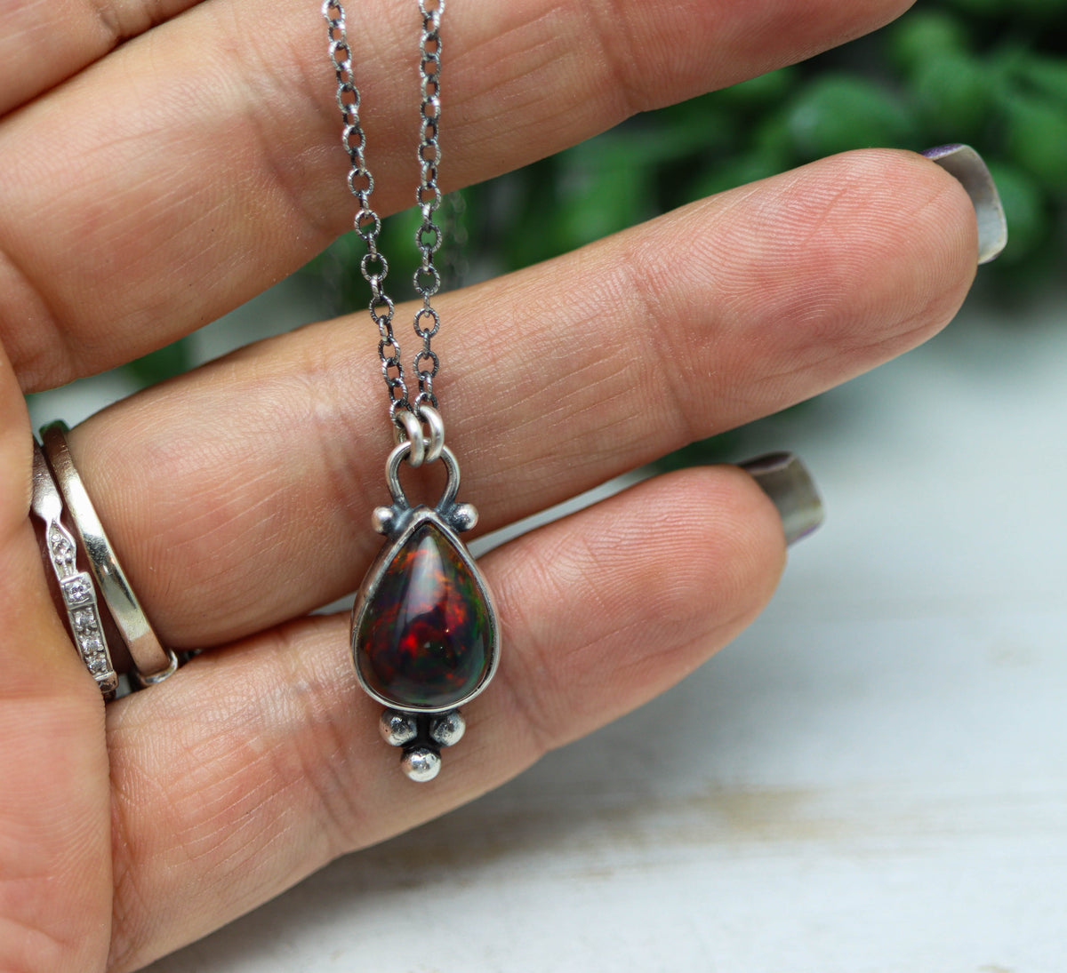 Ethiopian Black Opal Pendant Necklace in Sterling Silver