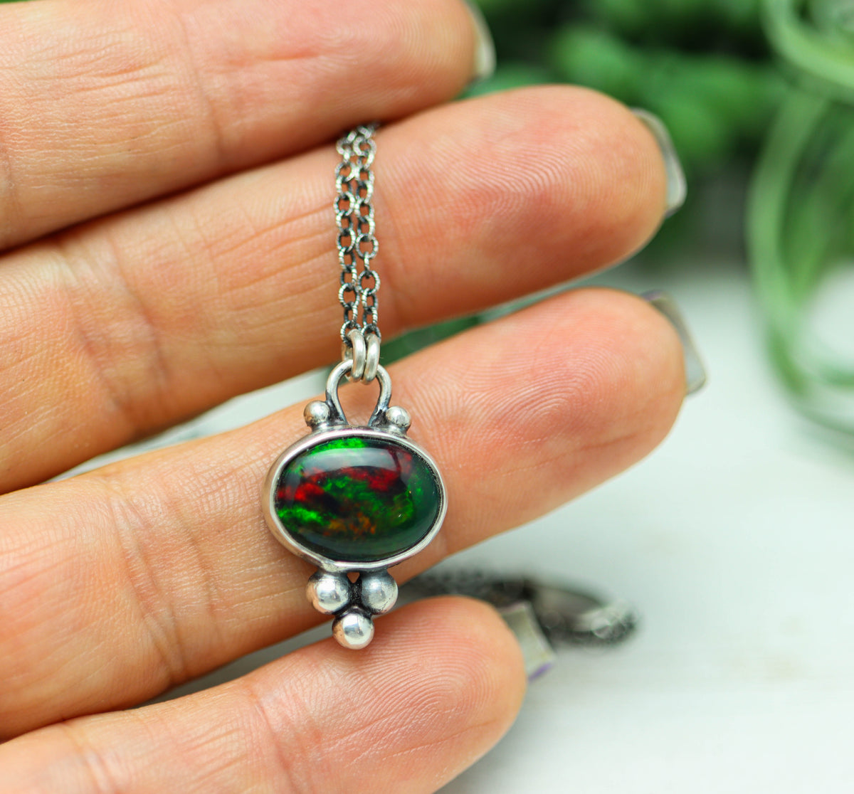 Ethiopian Black Opal Pendant Necklace in Sterling Silver
