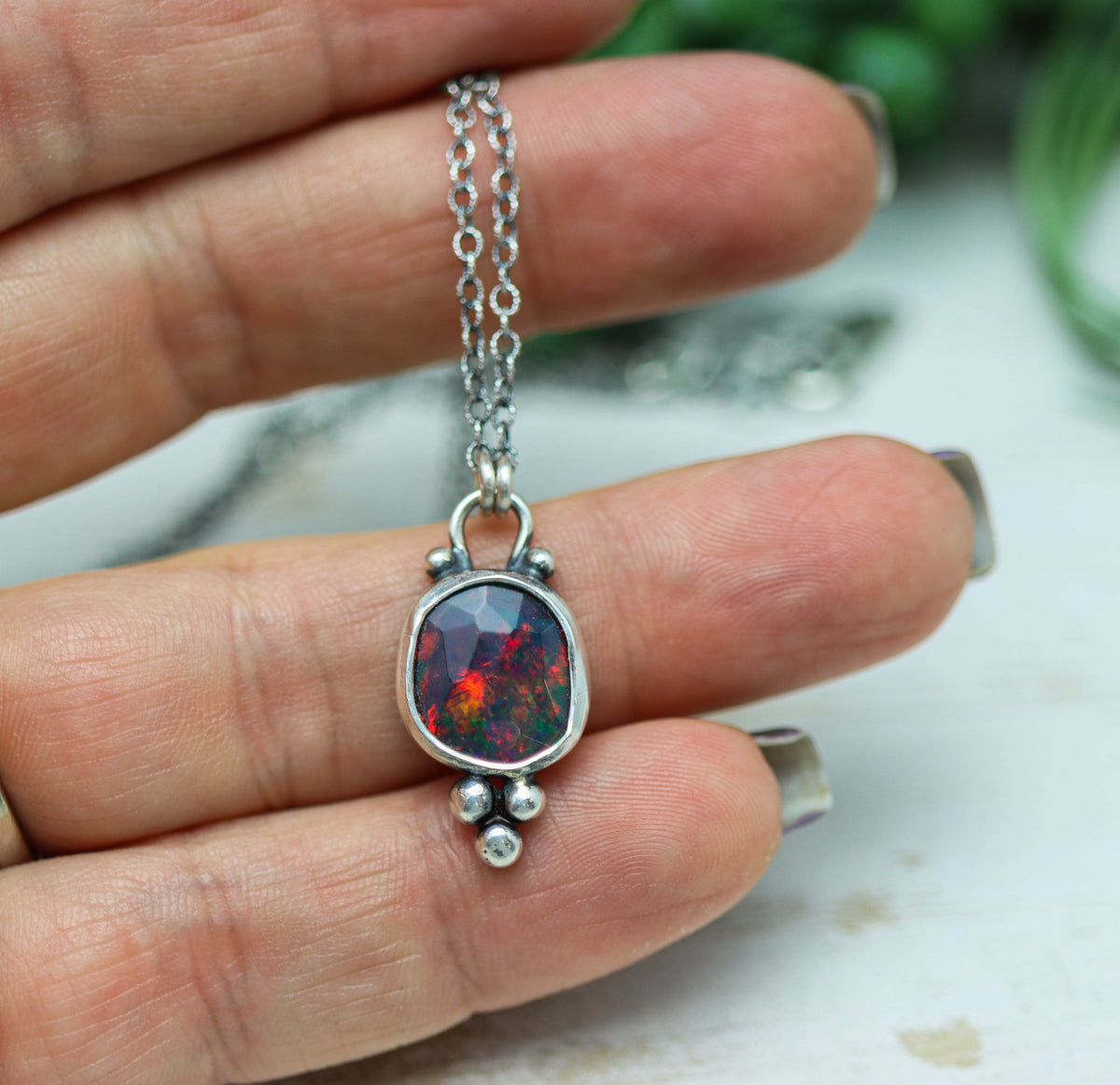 Ethiopian Black Opal Pendant Necklace in Sterling Silver