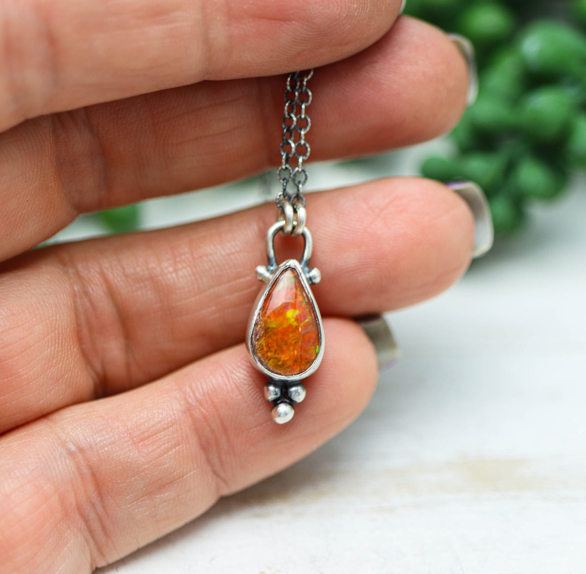 Mexican Fire Opal Petite Pendant Necklace in Sterling Silver