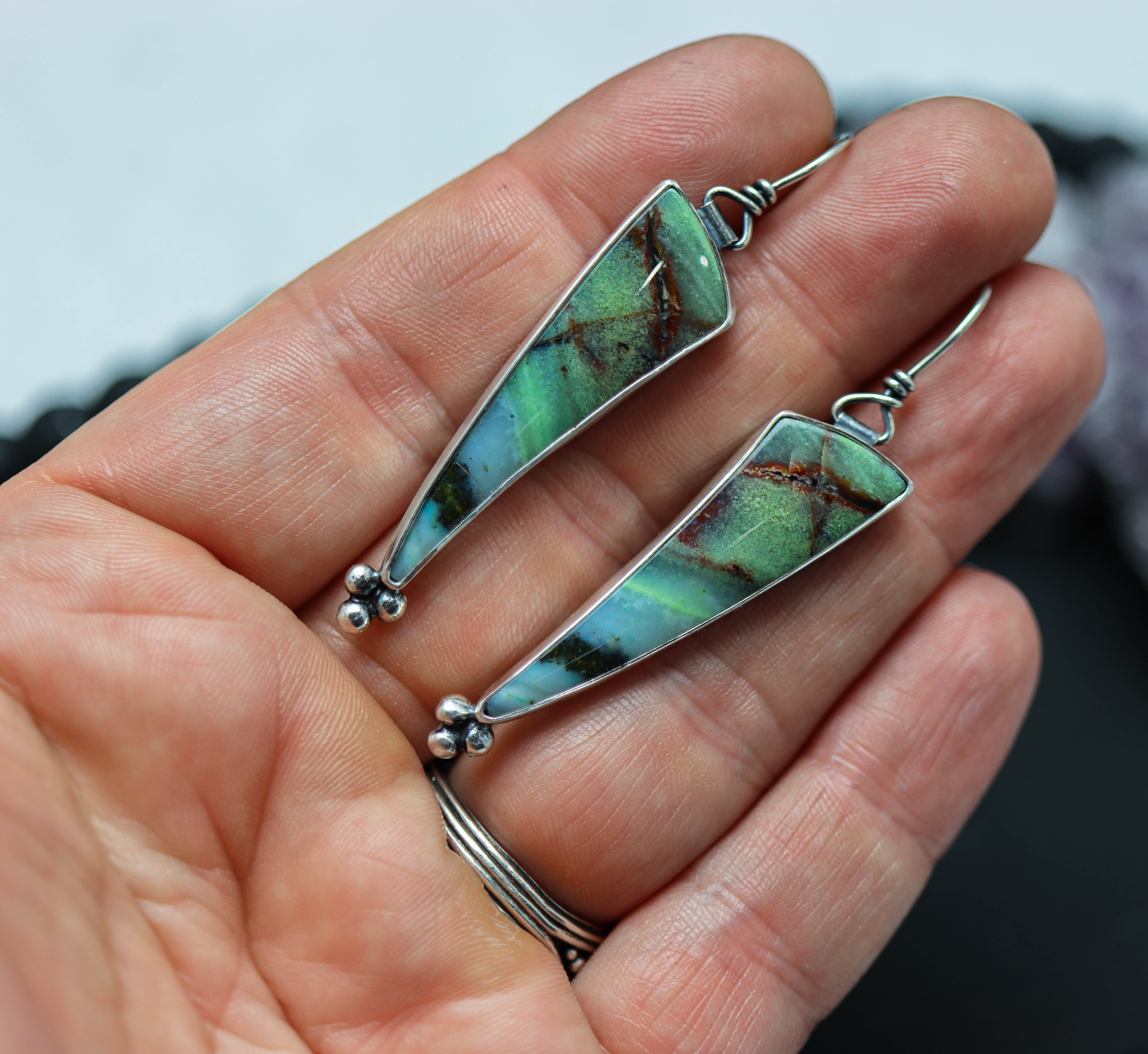 Opalized Petrified Wood Dangle Earrings Sterling Silver
