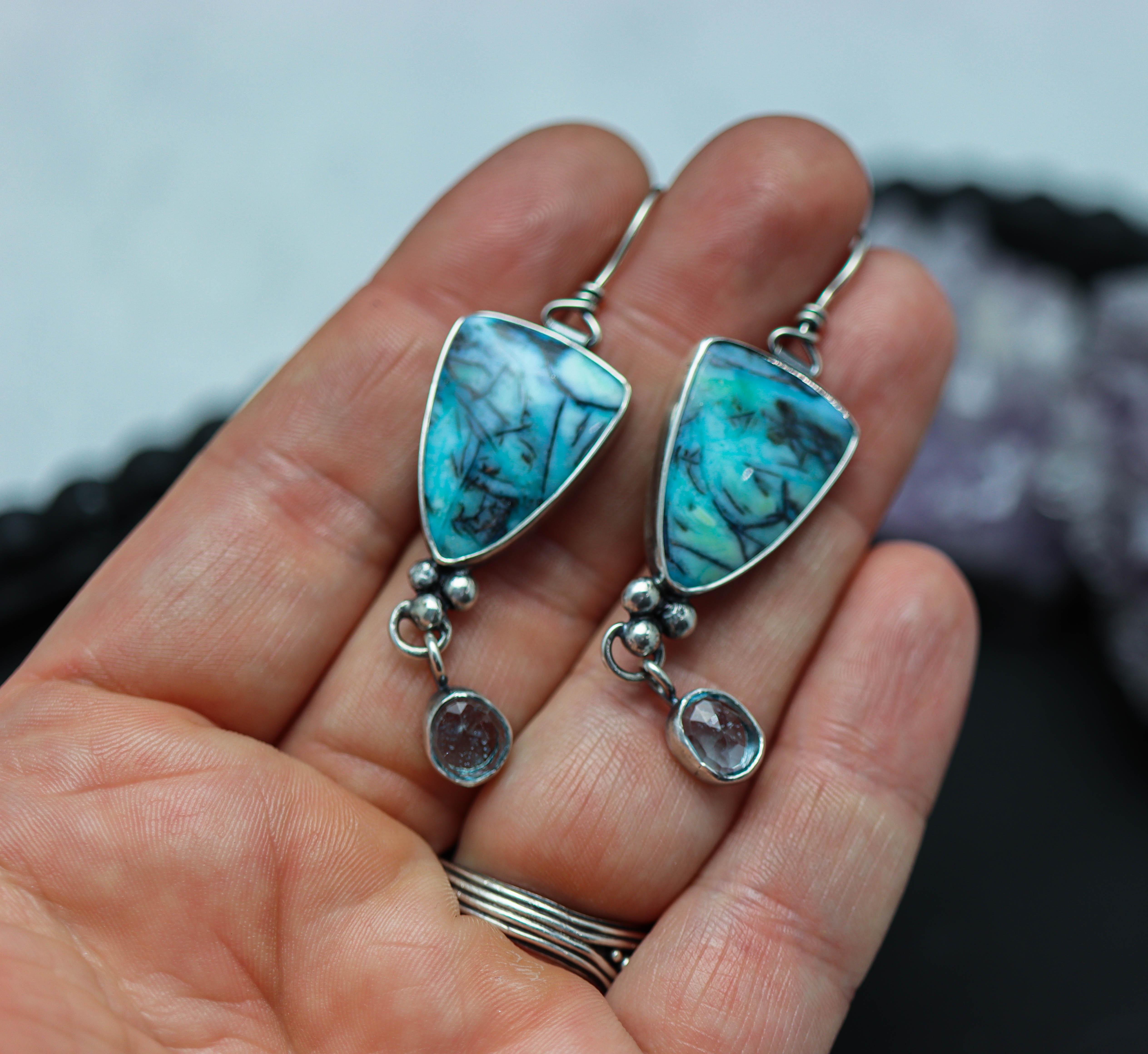 Opalized Petrified Wood and Blue Topaz Dangle Earrings Sterling Silver