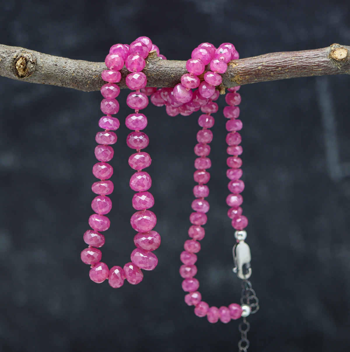 Pink Sapphire Hand Knotted Bead Necklace Sterling Silver
